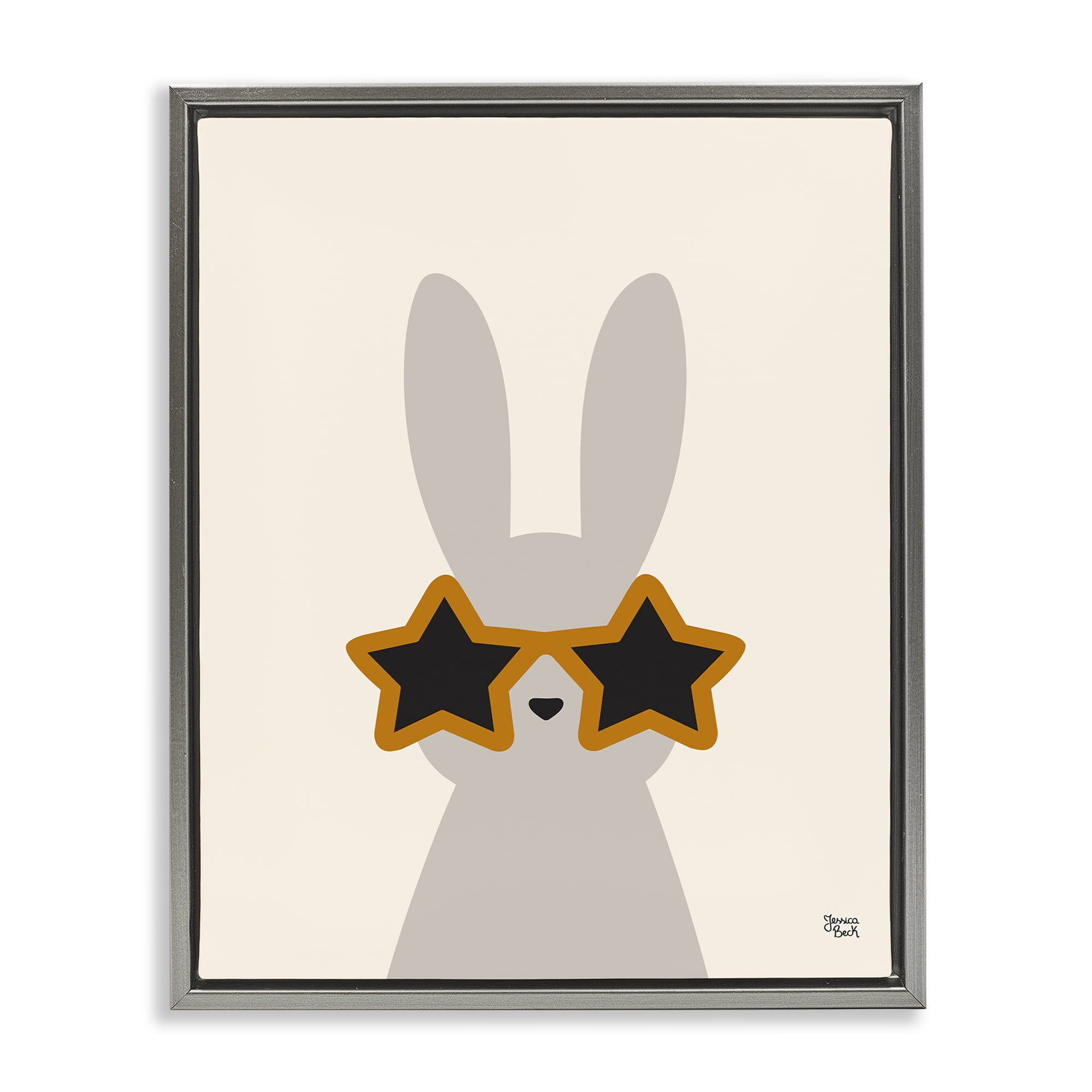Stupell Industries Bunny & Star Sunglasses Animals Painting Gray Floater Framed Canvas Art Print Wall Art, 17 x 21