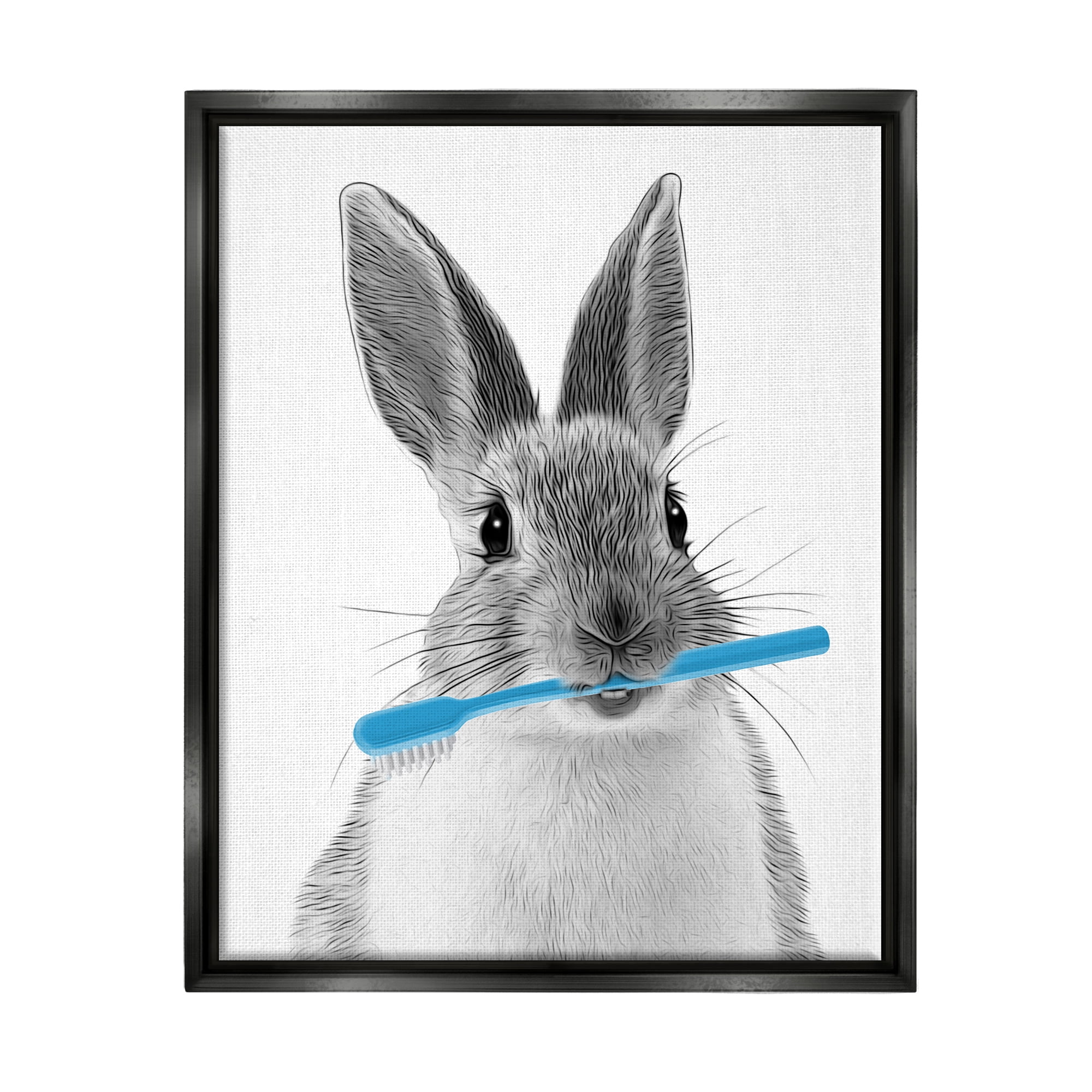 Stupell Industries Bunny Toothbrush Bathroom Animal Animals & Insects Painting Black Floater Framed Art Print Wall Art