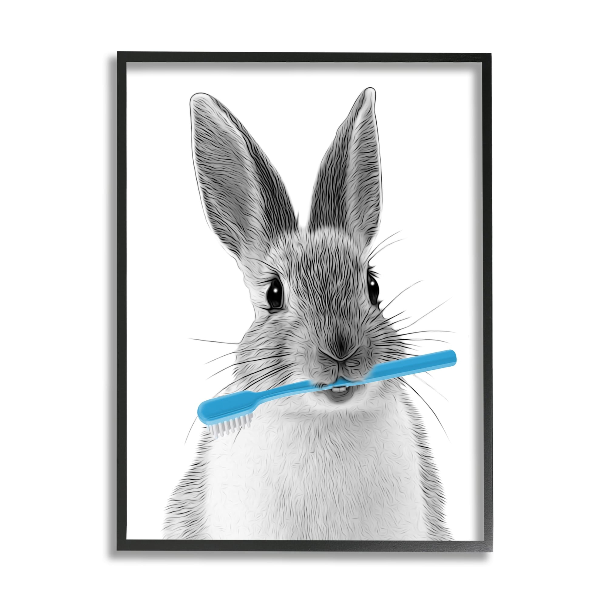Stupell Industries Bunny Toothbrush Bathroom Animal Animals & Insects Painting Black Framed Art Print Wall Art