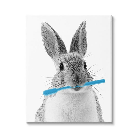 Stupell Industries Bunny Toothbrush Bathroom Animal Animals & Insects Painting Gallery Wrapped Canvas Print Wall Art