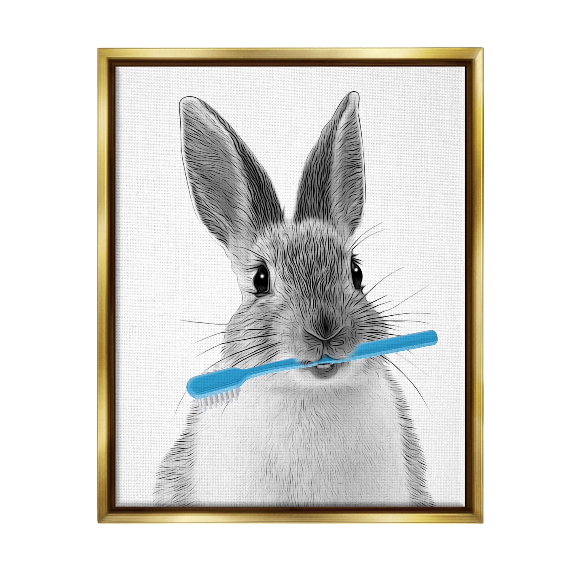 Stupell Industries Bunny Toothbrush Bathroom Animal Animals & Insects Painting Gold Floater Framed Art Print Wall Art