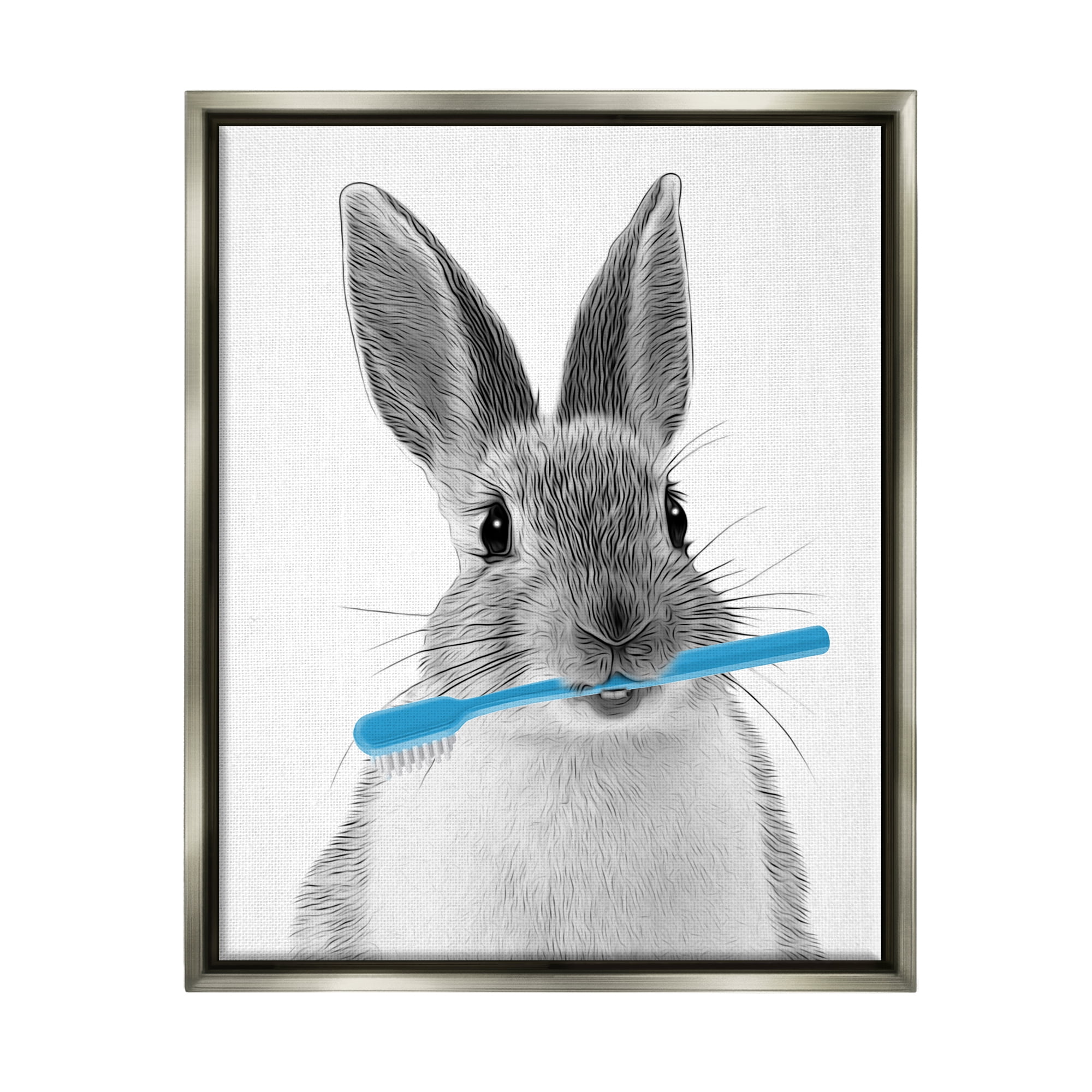 Stupell Industries Bunny Toothbrush Bathroom Animal Animals & Insects Painting Gray Floater Framed Art Print Wall Art