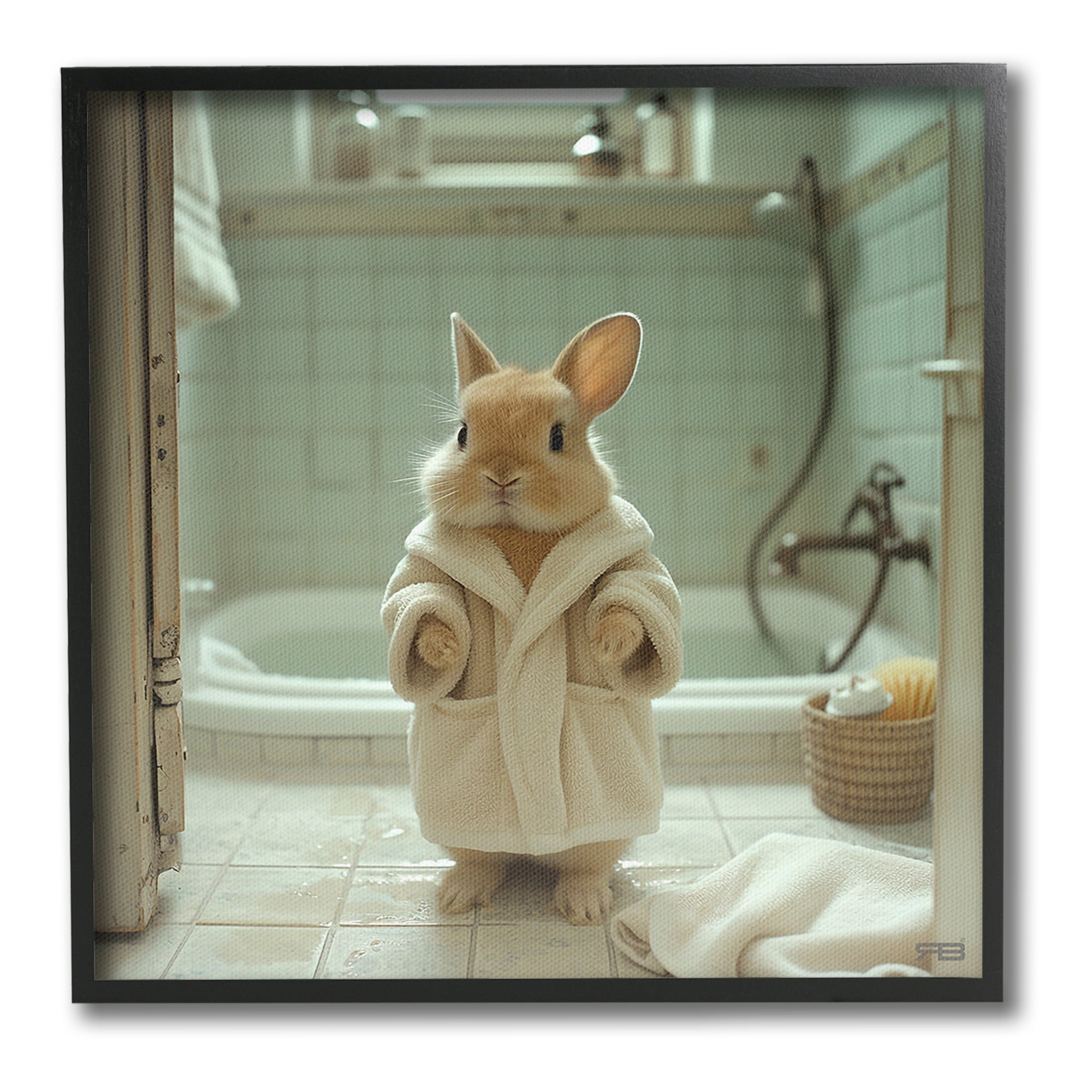 Stupell Industries Bunny in Bathrobe Animals & Insects Painting Black Framed Art Print Wall Art, 17 x 17