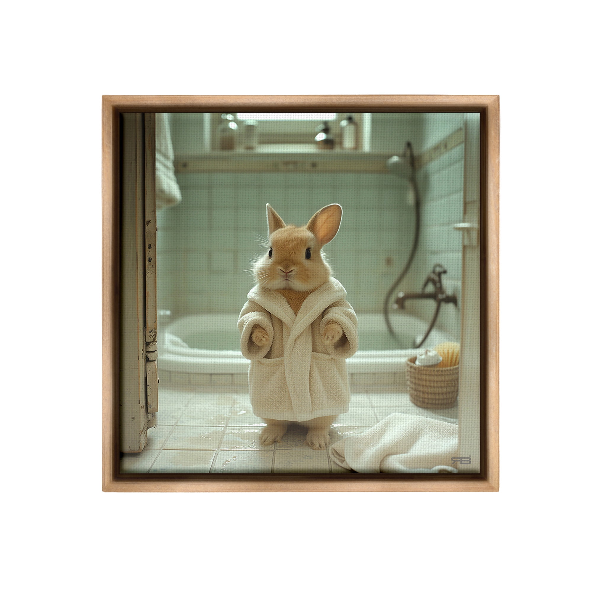 Stupell Industries Bunny in Bathrobe Animals & Insects Painting Brown Floater Framed Canvas Art Print Wall Art, 25 x 25