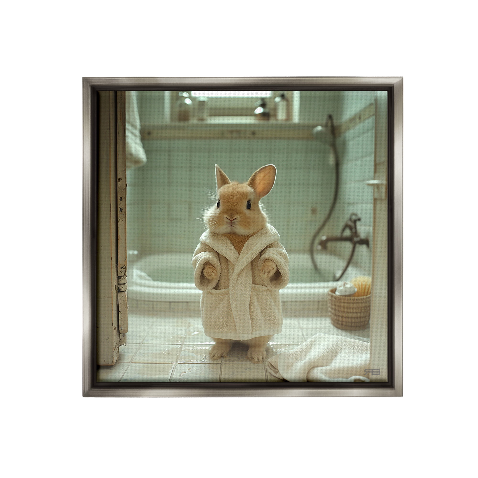 Stupell Industries Bunny in Bathrobe Animals & Insects Painting Gray Floater Framed Canvas Art Print Wall Art, 18 x 18