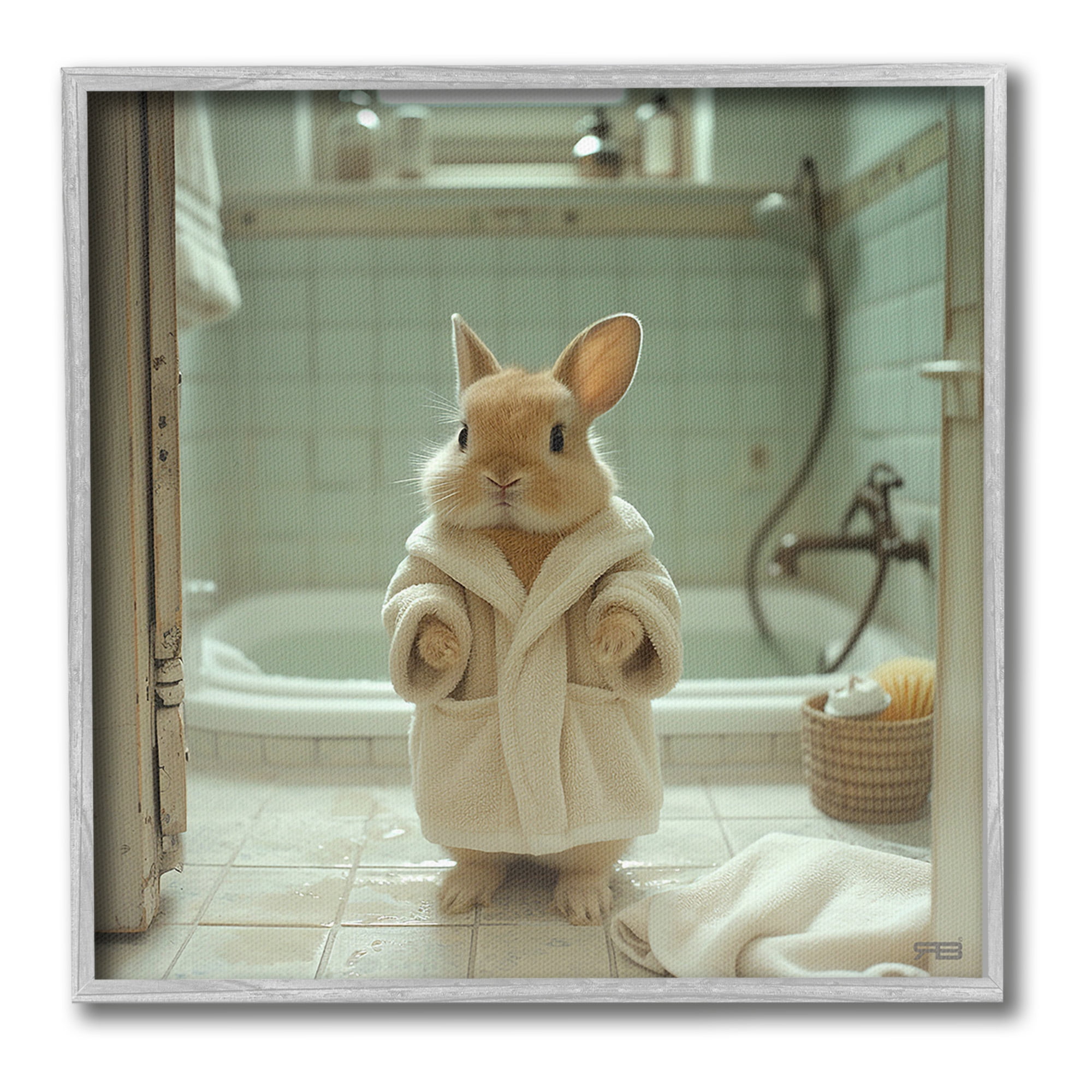 Stupell Industries Bunny in Bathrobe Animals & Insects Painting Gray Framed Art Print Wall Art, 17 x 17