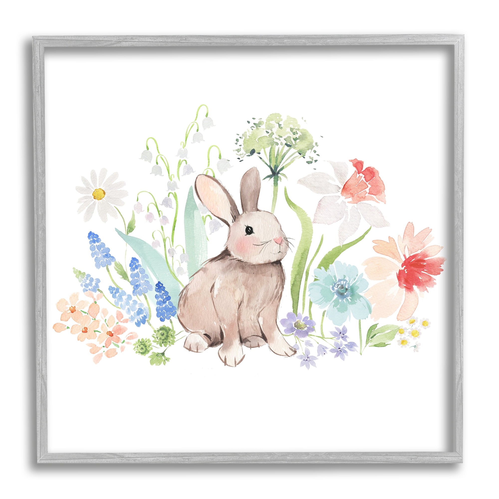 Stupell Industries Bunny in Flower Meadow Animals & Insects Painting Gray Framed Art Print Wall Art, 17 x 17