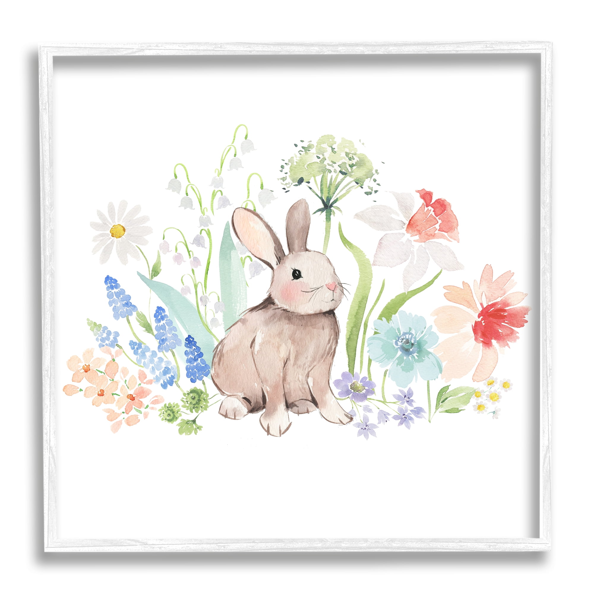 Stupell Industries Bunny in Flower Meadow Animals & Insects Painting White Framed Art Print Wall Art, 17 x 17
