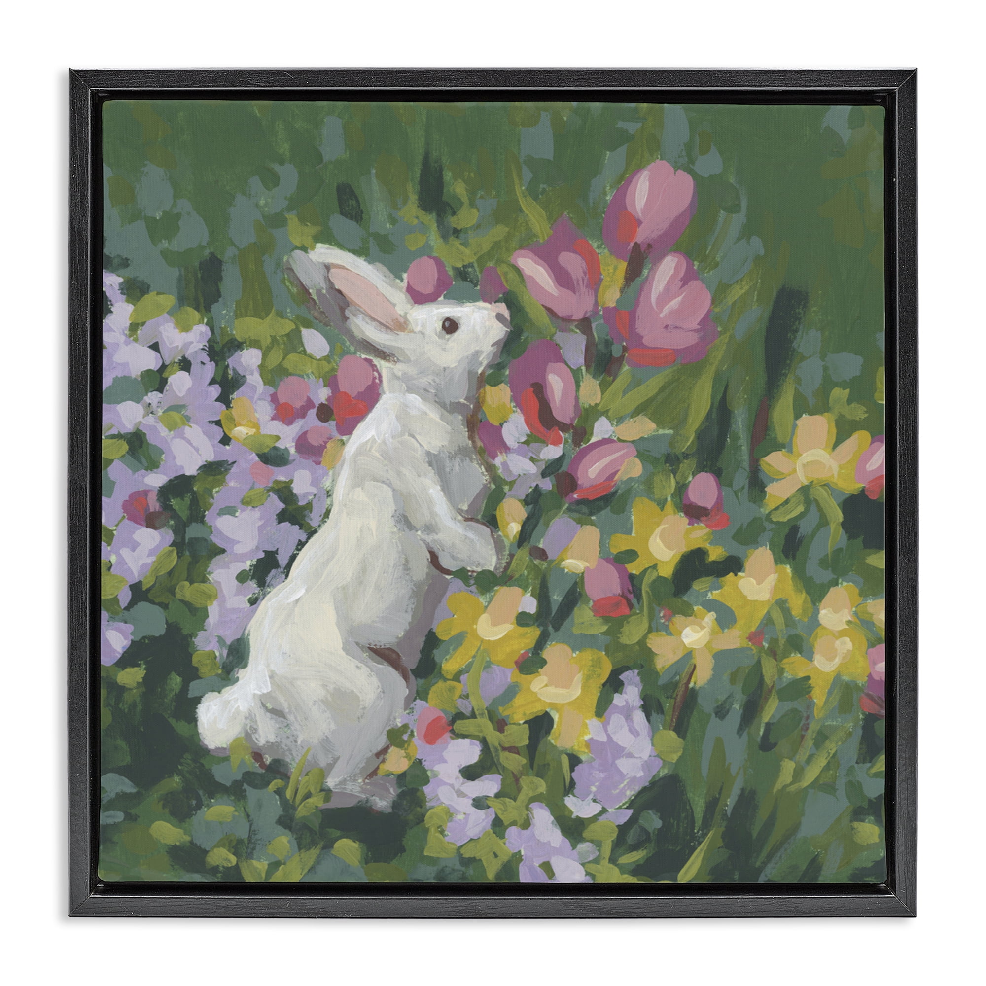 Stupell Industries Bunny in Garden Impression Black Framed Floater Canvas Wall Art, design by June Erica Vess