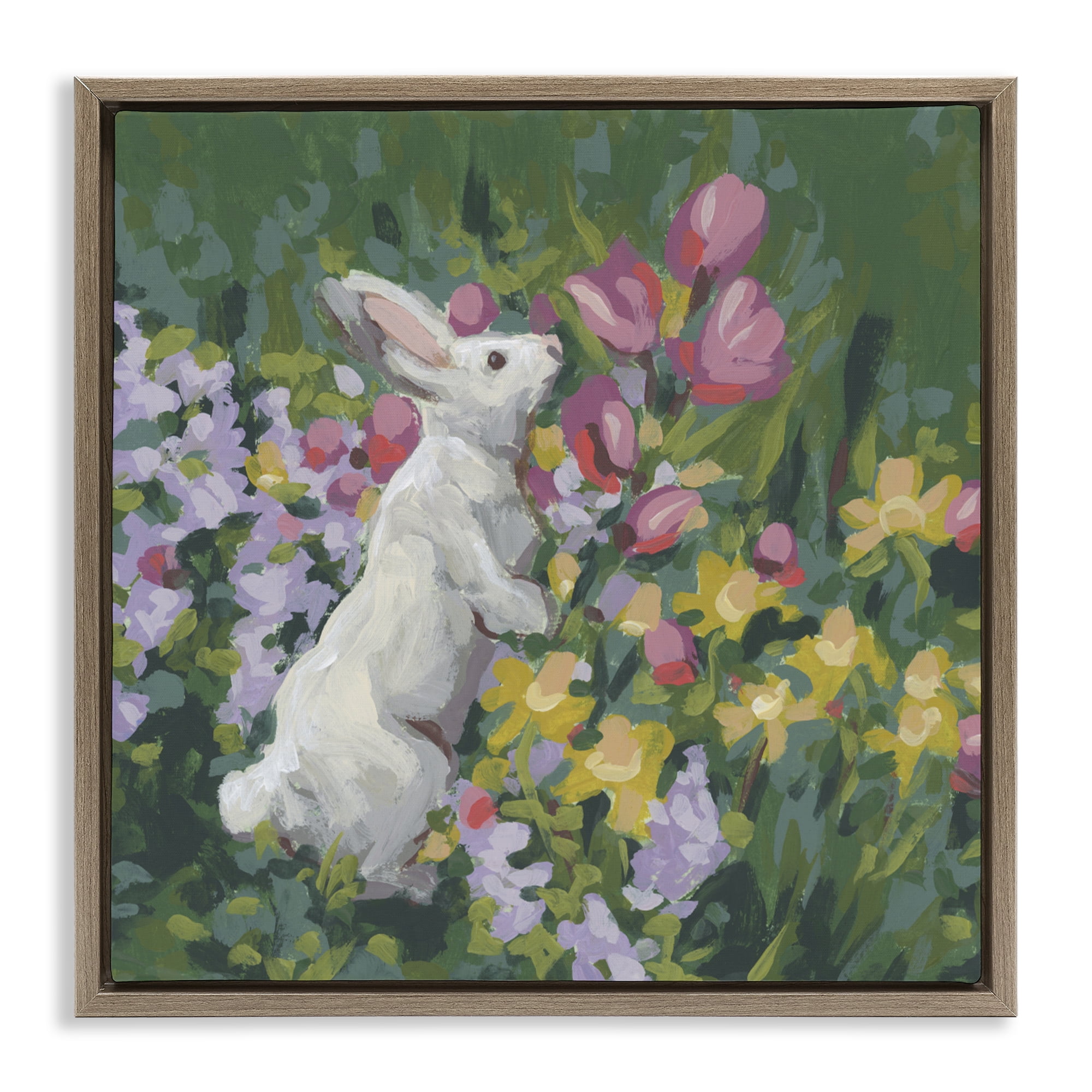 Stupell Industries Bunny in Garden Impression Brown Framed Floater Canvas Wall Art, design by June Erica Vess