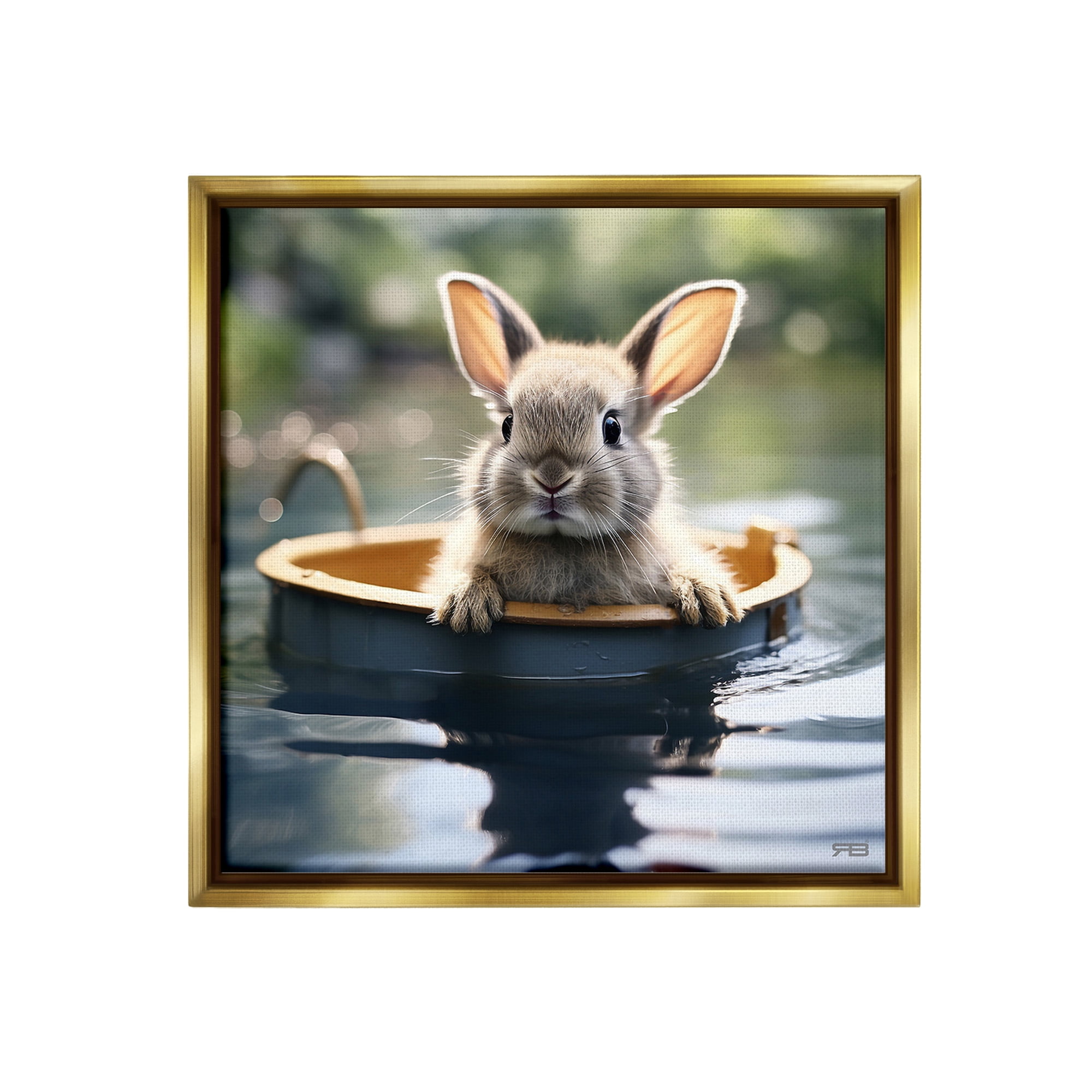 Stupell Industries Bunny in Garden Pond Animals & Insects Painting Gold Floater Framed Canvas Art Print Wall Art, 25 x 25