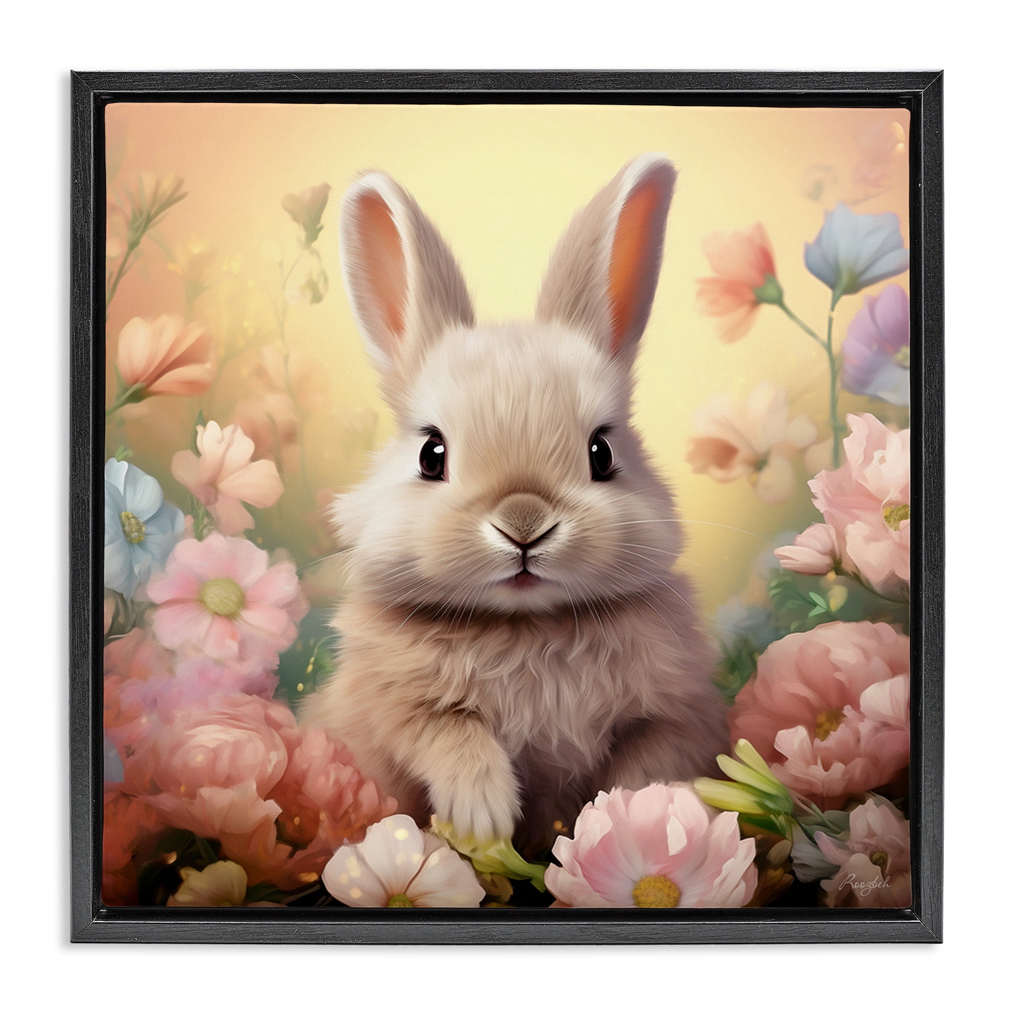 Stupell Industries Bunny in Meadow Animals & Insects Painting Black Floater Framed Canvas Art Print Wall Art, 25 x 25