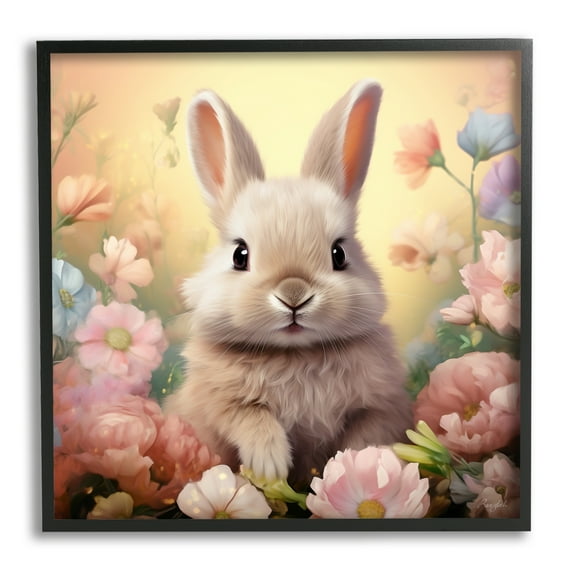 Stupell Industries Bunny in Meadow Animals & Insects Painting Black Framed Art Print Wall Art, 12 x 12