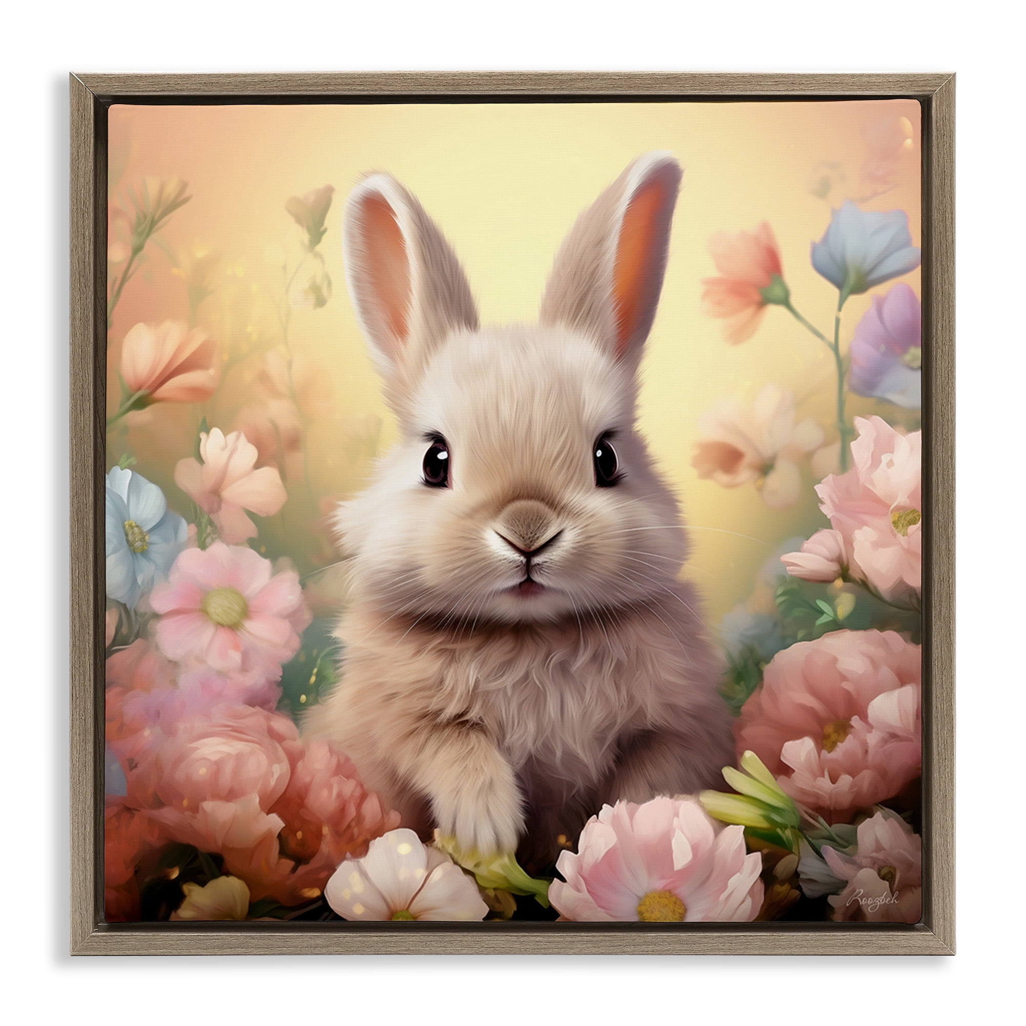 Stupell Industries Bunny in Meadow Animals & Insects Painting Brown Floater Framed Canvas Art Print Wall Art, 25 x 25