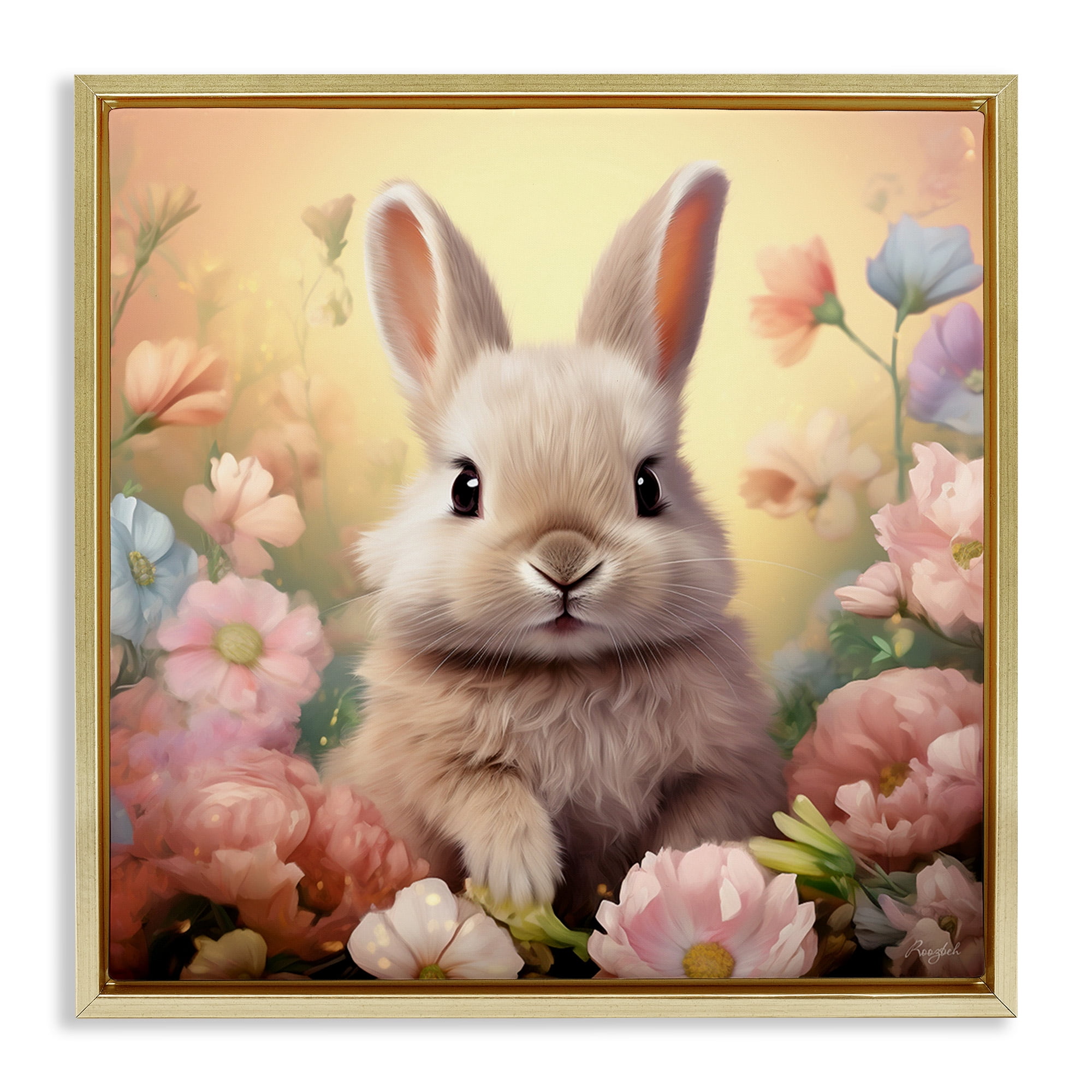 Stupell Industries Bunny in Meadow Animals & Insects Painting Gold Floater Framed Canvas Art Print Wall Art, 25 x 25
