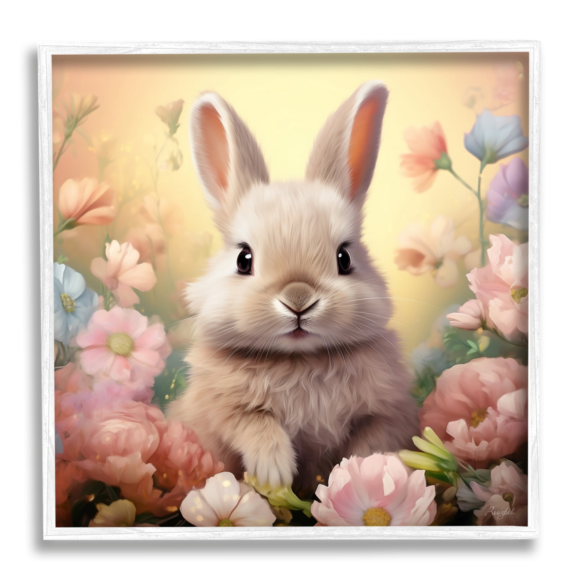 Stupell Industries Bunny in Meadow Animals & Insects Painting White Framed Art Print Wall Art, 17 x 17