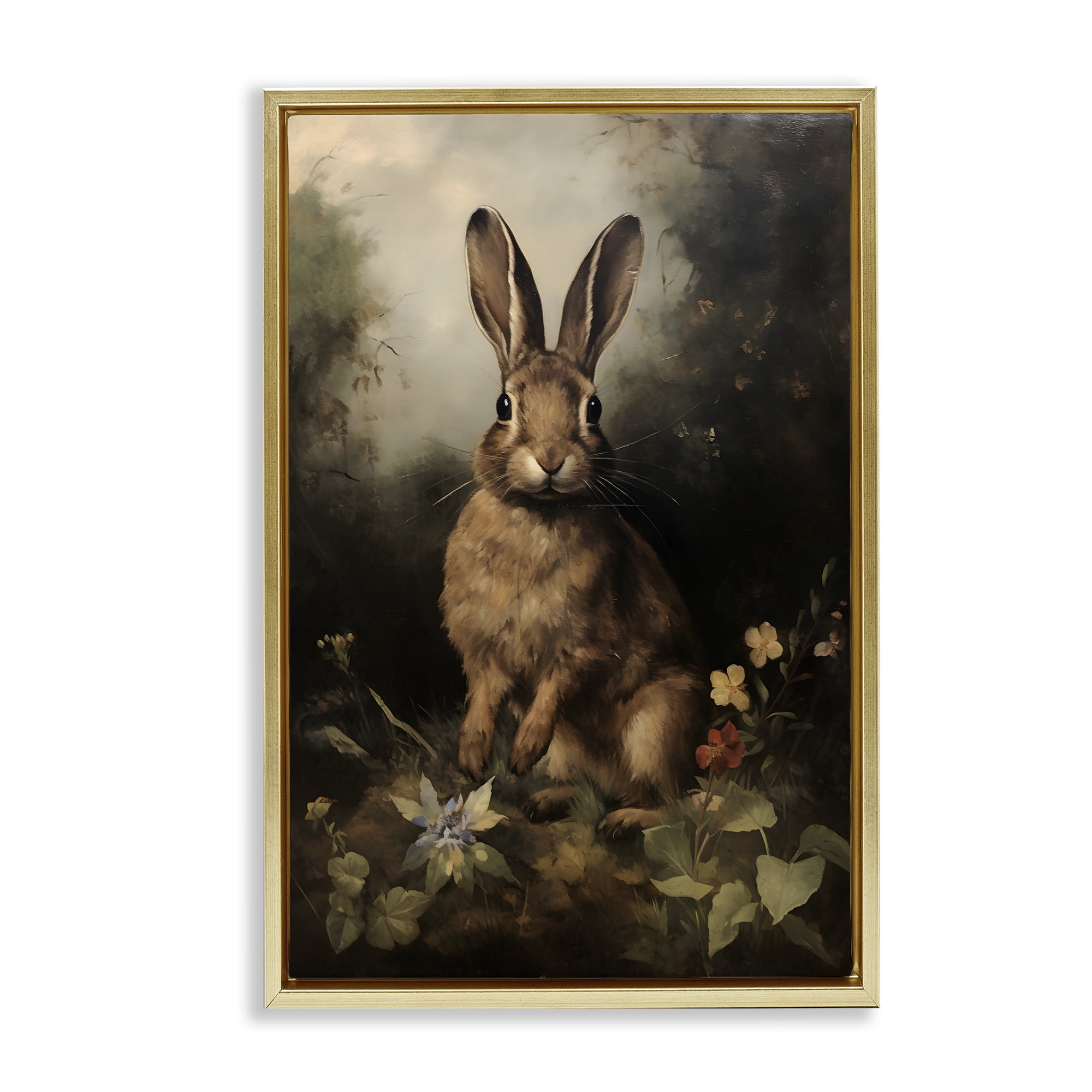 Stupell Industries Bunny in Nature Animals & Insects Painting Gold Floater Framed Canvas Art Print Wall Art, 17 x 25