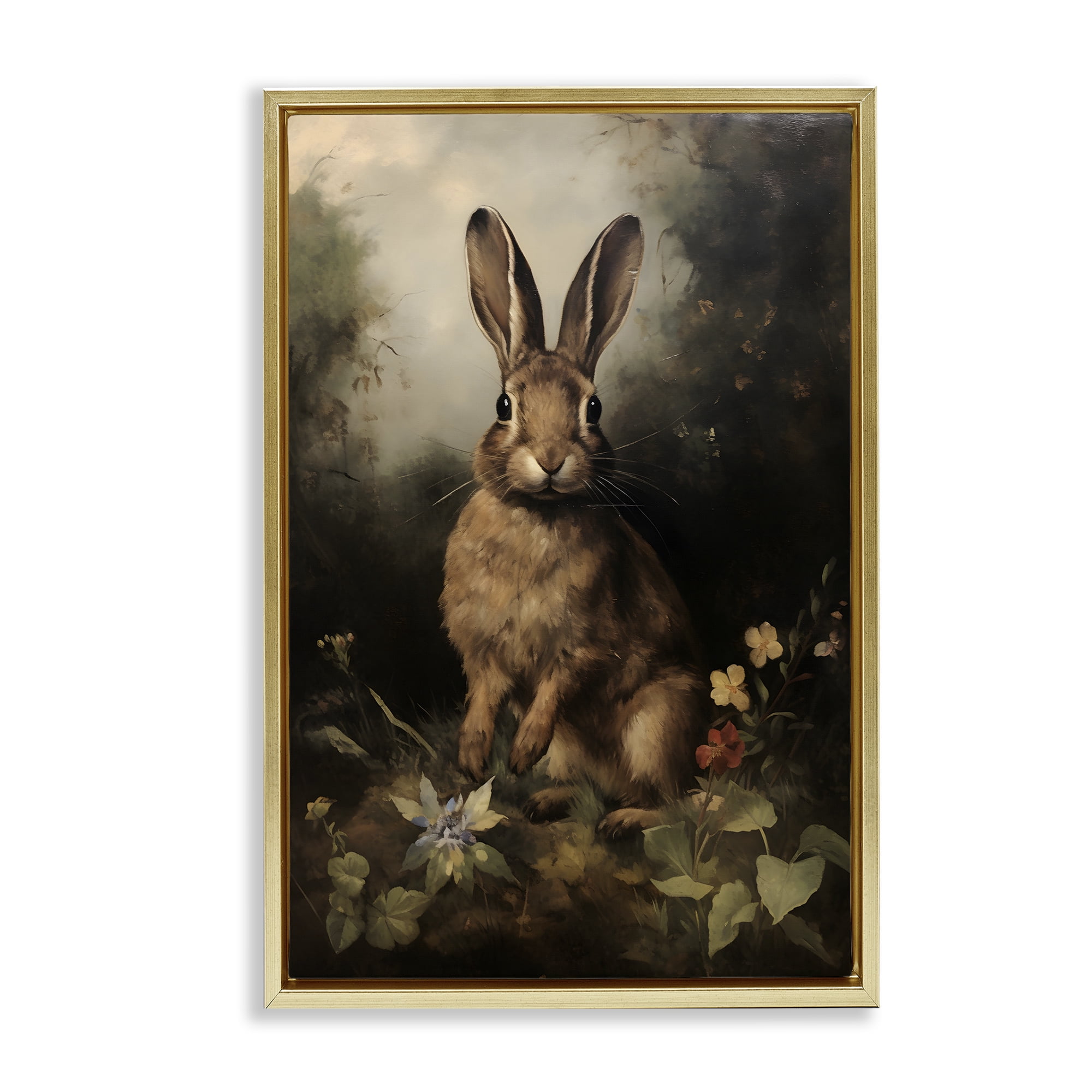 Stupell Industries Bunny in Nature Animals & Insects Painting Gold Floater Framed Canvas Art Print Wall Art, 21 x 31