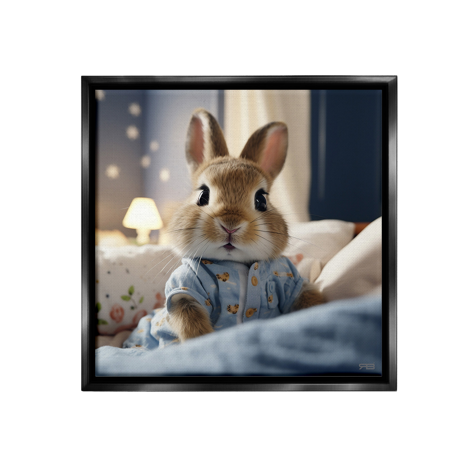 Stupell Industries Bunny in Pajamas Animals & Insects Painting Black Floater Framed Canvas Art Print Wall Art, 18 x 18