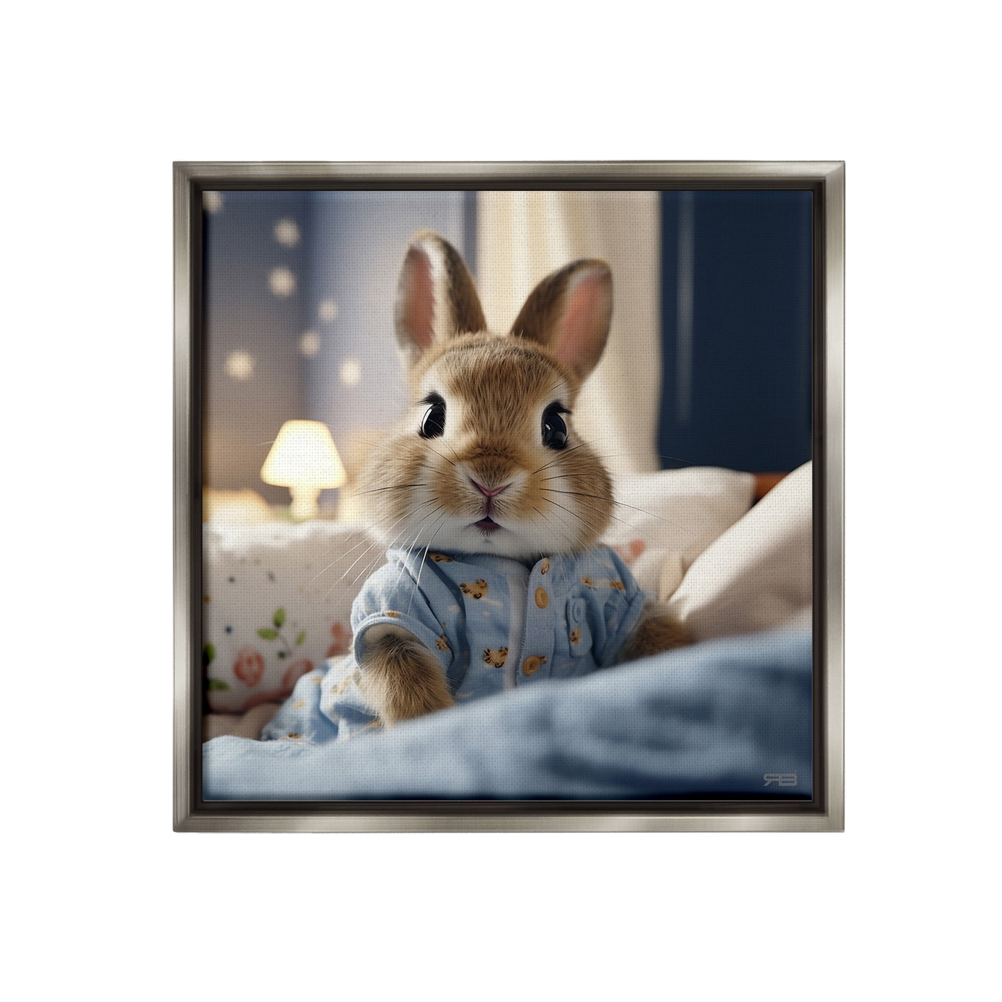 Stupell Industries Bunny in Pajamas Animals & Insects Painting Gray Floater Framed Canvas Art Print Wall Art, 18 x 18