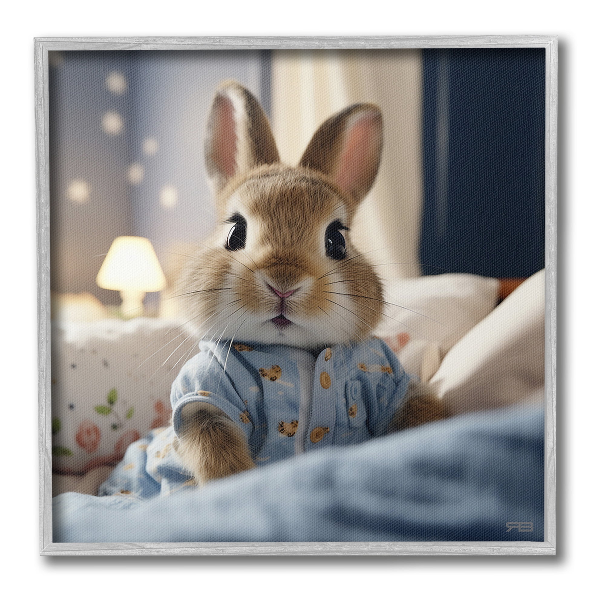 Stupell Industries Bunny in Pajamas Animals & Insects Painting Gray Framed Art Print Wall Art, 17 x 17