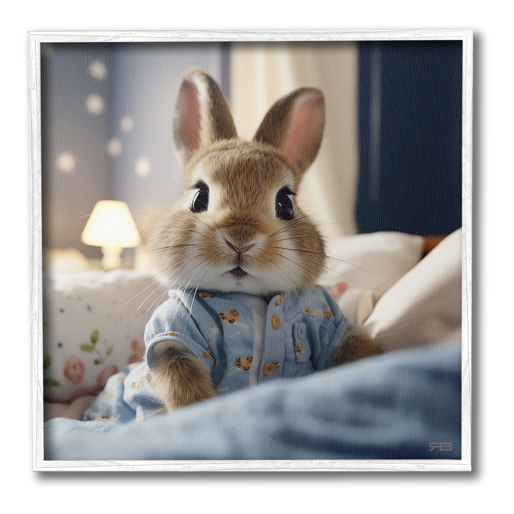 Stupell Industries Bunny in Pajamas Animals & Insects Painting White Framed Art Print Wall Art, 12 x 12