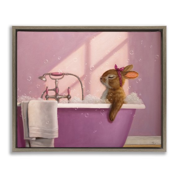 Stupell Industries Bunny in Pink Relaxing Bath Animals Painting Brown Floater Framed Canvas Art Print Wall Art, 25 x 31