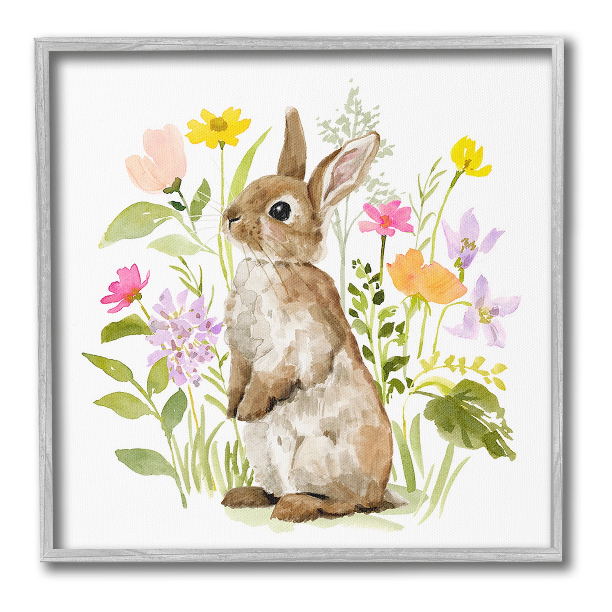 Stupell Industries Bunny in Spring Nature Animals & Insects Painting Gray Framed Art Print Wall Art, 17 x 17