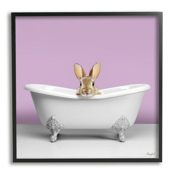 Stupell Industries Bunny in Tub on Purple Animals & Insects Painting Black Framed Art Print Wall Art, 12 x 12