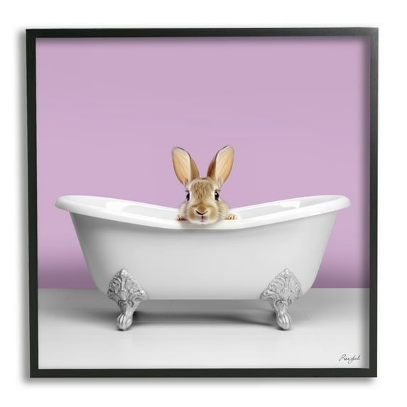 Stupell Industries Bunny in Tub on Purple Animals & Insects Painting Black Framed Art Print Wall Art, 17 x 17