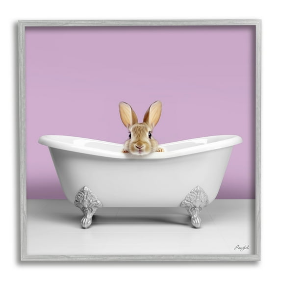 Stupell Industries Bunny in Tub on Purple Animals & Insects Painting Gray Framed Art Print Wall Art, 17 x 17