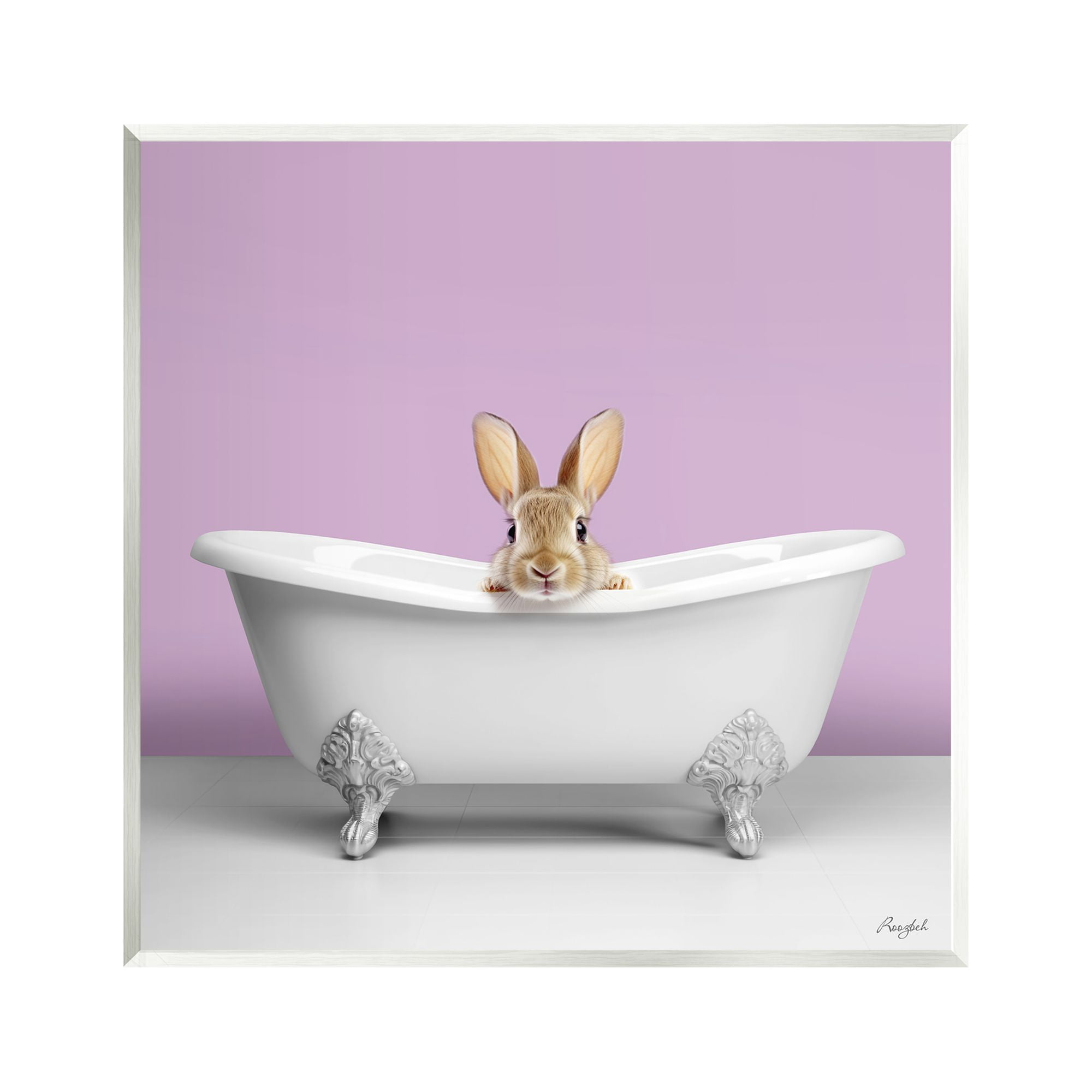 Stupell Industries Bunny in Tub on Purple Animals & Insects Painting Unframed Art Print Wall Art, 12 x 12