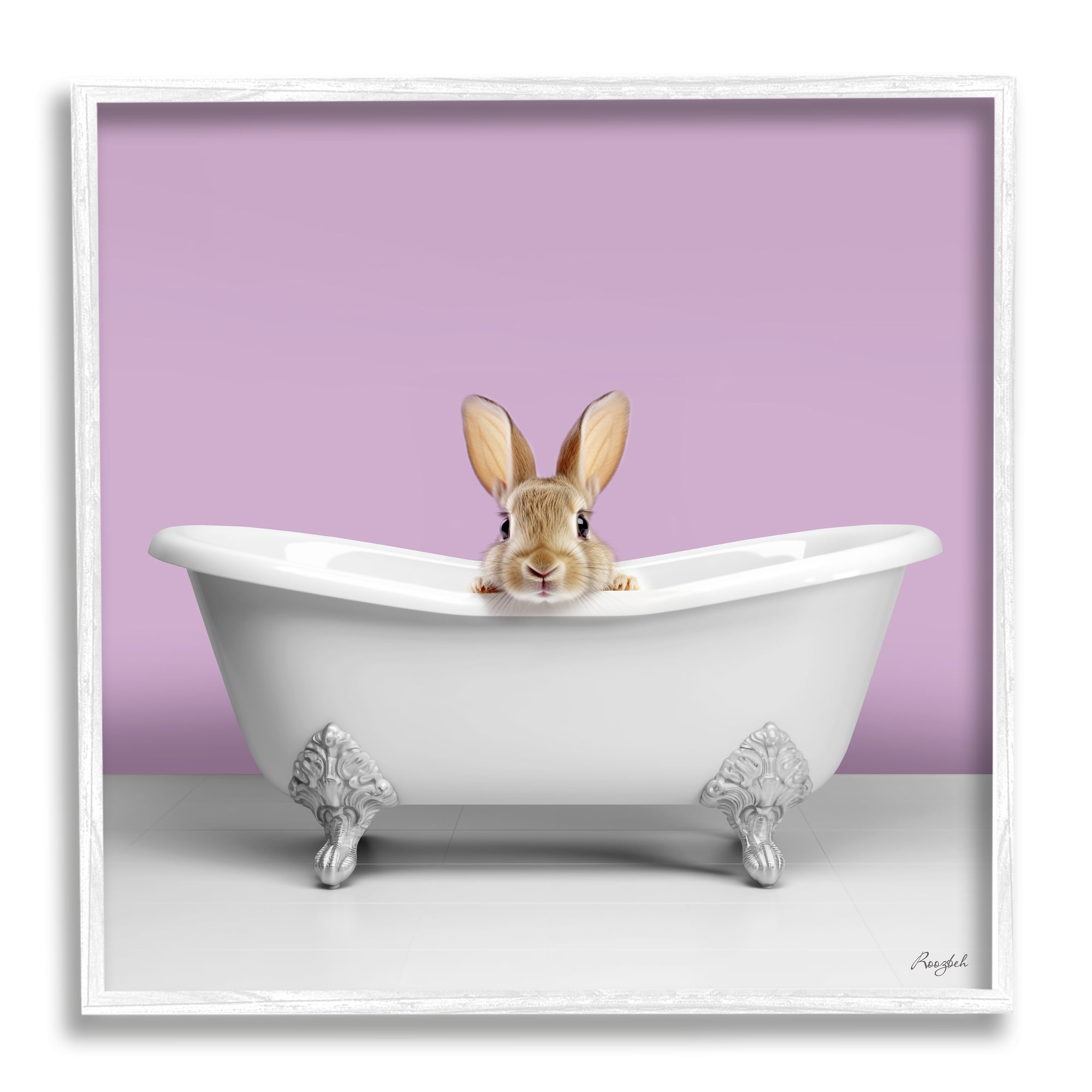 Stupell Industries Bunny in Tub on Purple Animals & Insects Painting White Framed Art Print Wall Art, 12 x 12
