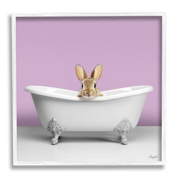 Stupell Industries Bunny in Tub on Purple Animals & Insects Painting White Framed Art Print Wall Art, 17 x 17