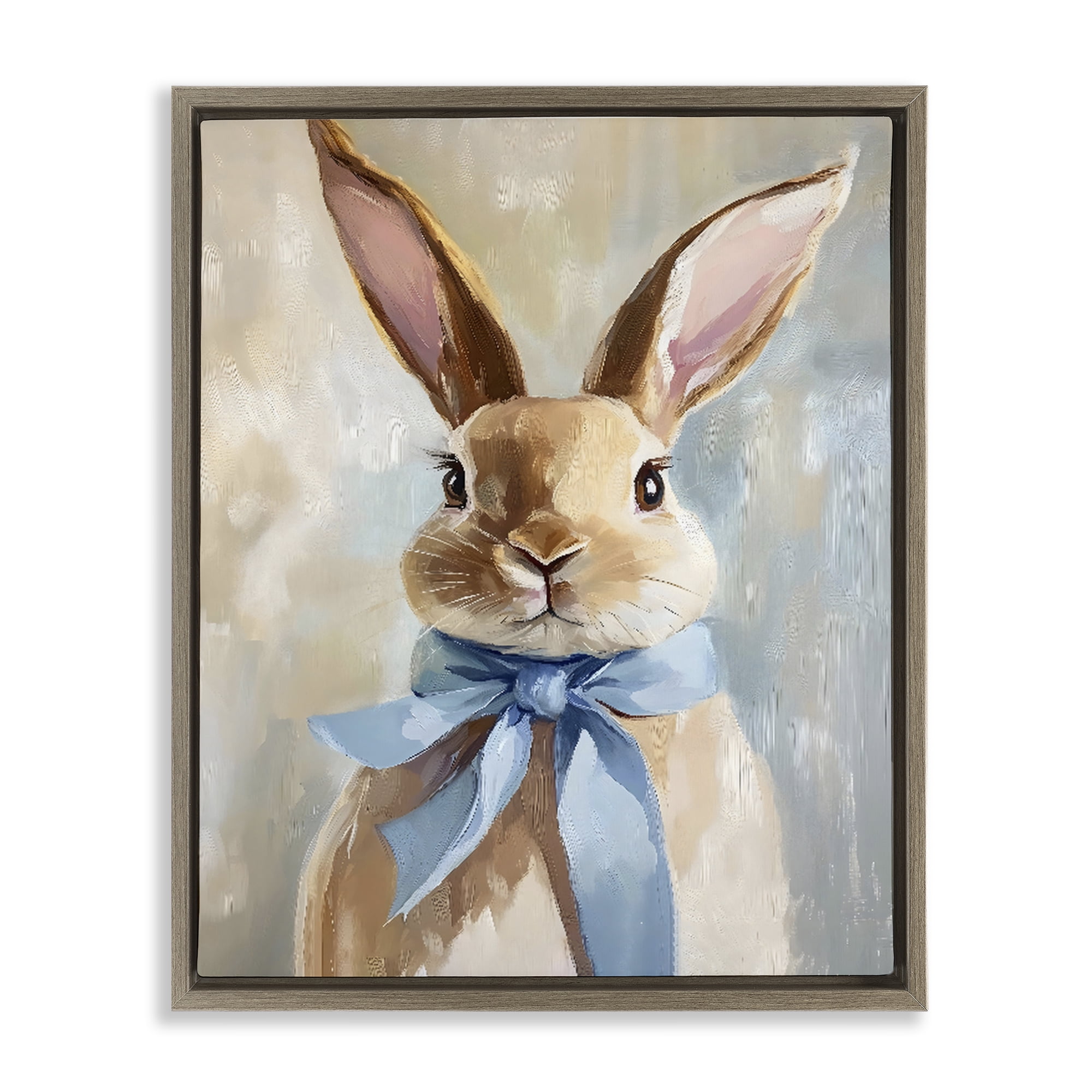 Stupell Industries Bunny with Blue Bow Brown Framed Floater Canvas Wall Art, design by The Prints Vibe