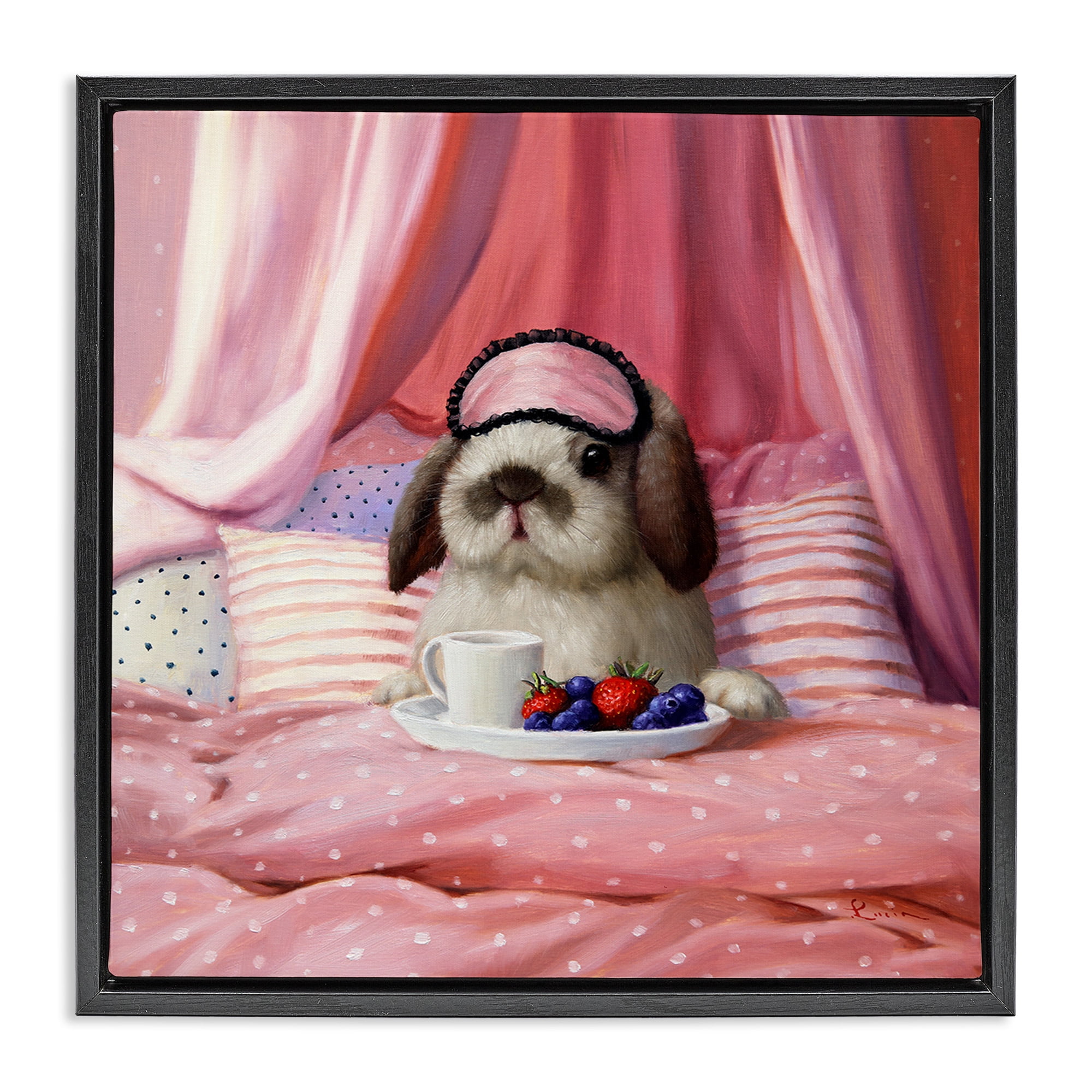 Stupell Industries Bunny with Breakfast In Bed Animals & Insects Painting Black Floater Framed Canvas Art Print Wall Art, 18 x 18