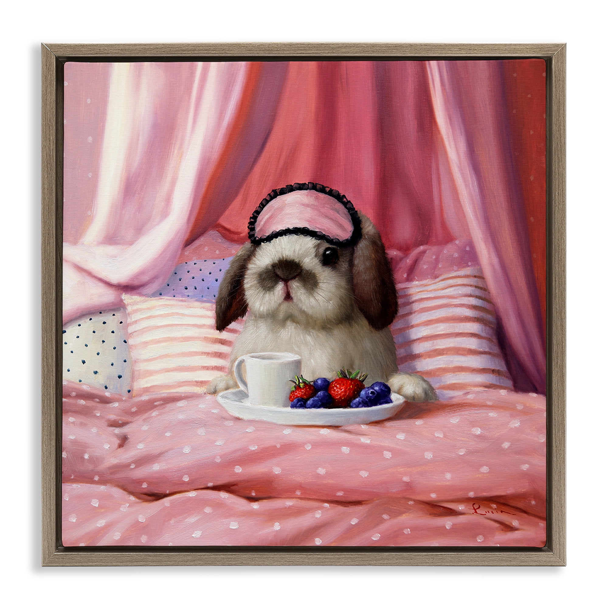 Stupell Industries Bunny with Breakfast In Bed Animals & Insects Painting Brown Floater Framed Canvas Art Print Wall Art, 18 x 18