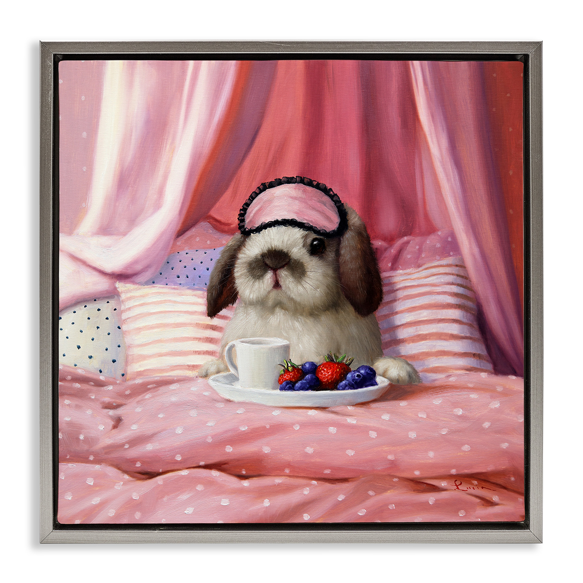 Stupell Industries Bunny with Breakfast In Bed Animals & Insects Painting Gray Floater Framed Canvas Art Print Wall Art, 18 x 18