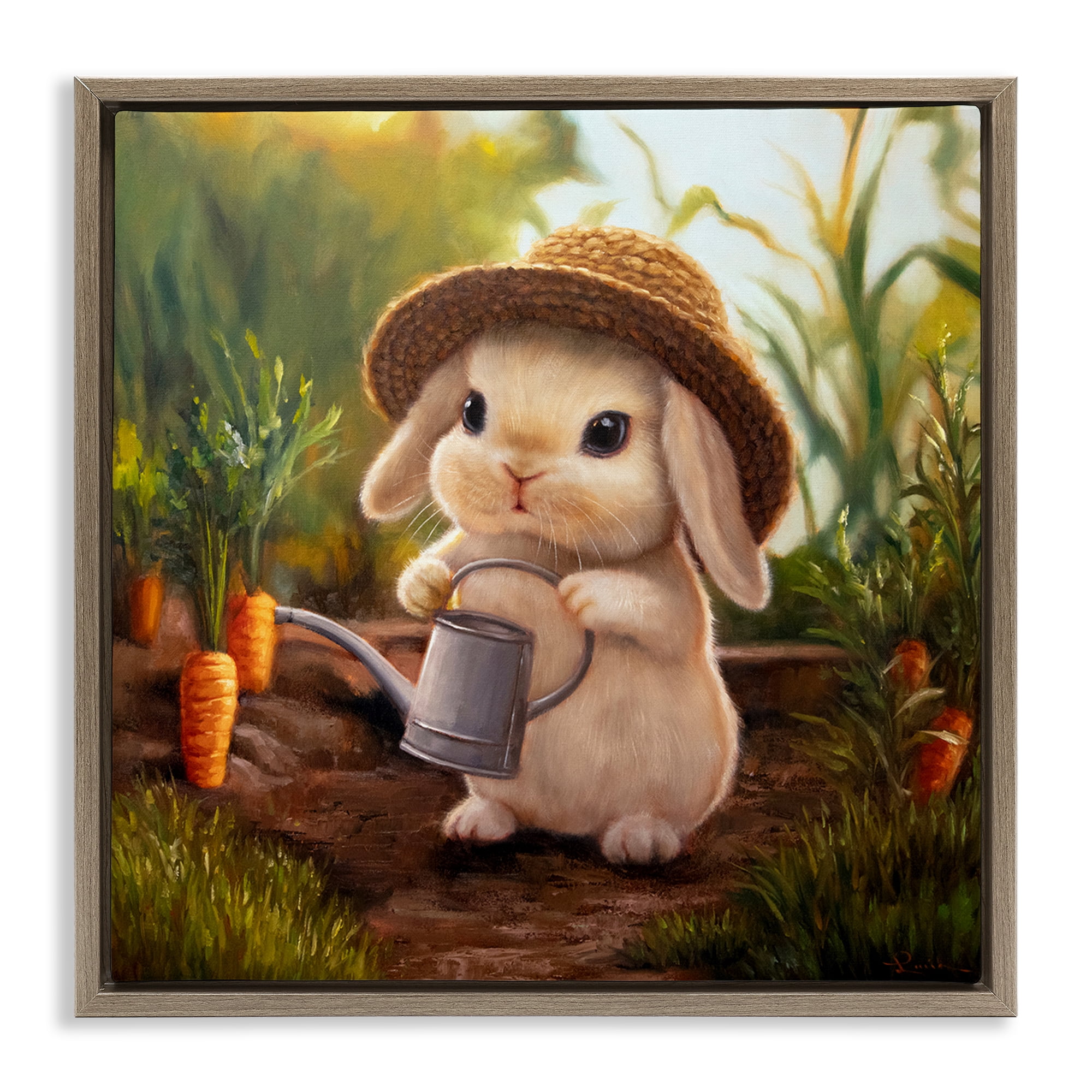 Stupell Industries Bunny with Carrot Garden Brown Framed Floater Canvas Wall Art, design by Lucia Heffernan