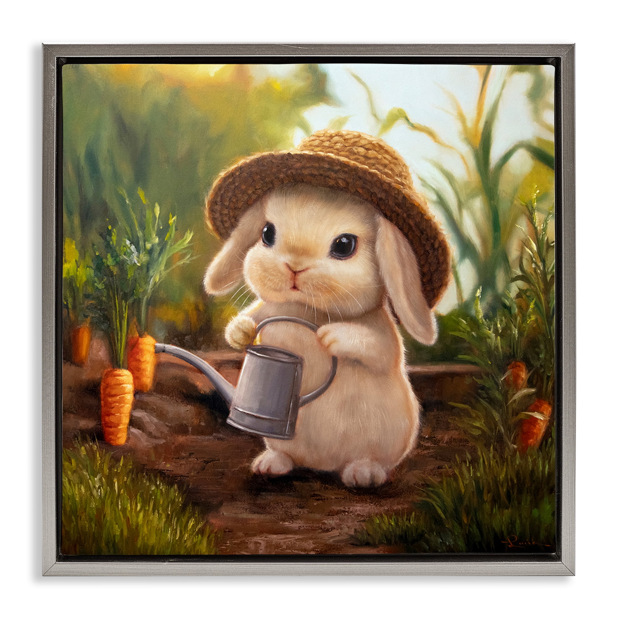 Stupell Industries Bunny with Carrot Garden Gray Framed Floater Canvas Wall Art, design by Lucia Heffernan