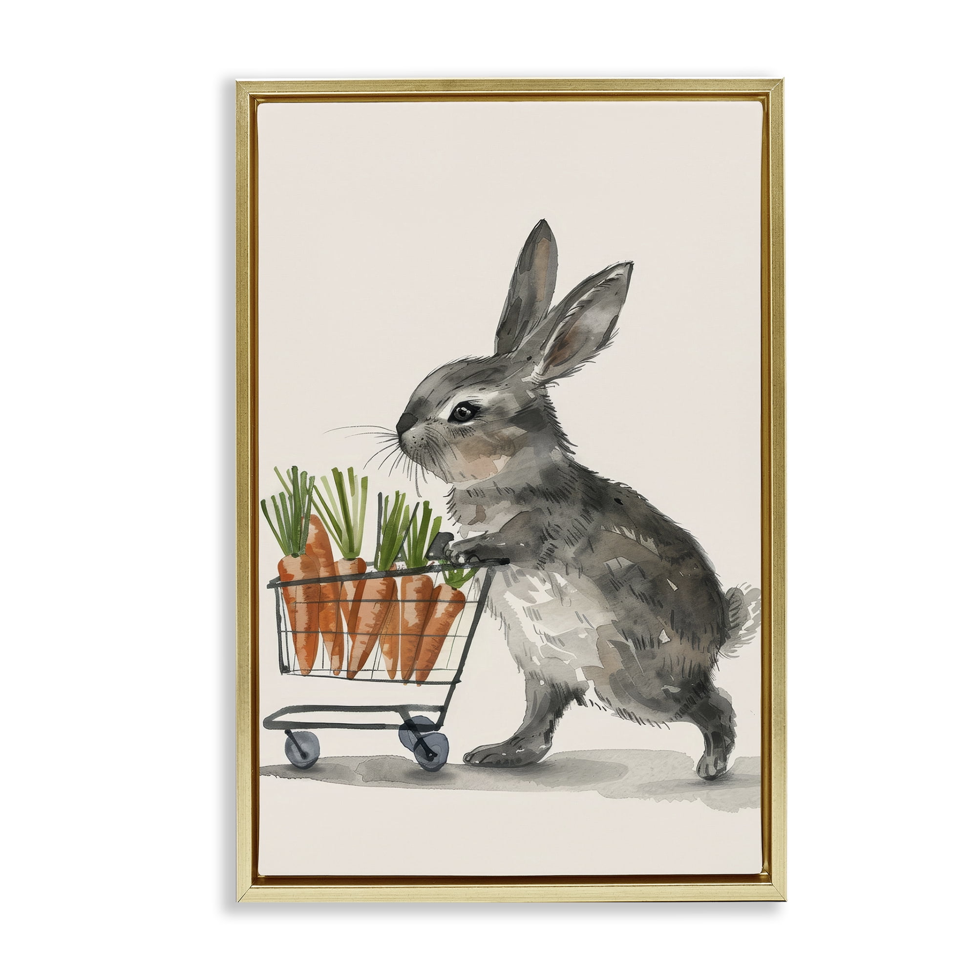 Bunny with Carrots Gold Floating Frame Canvas Art, 21 x 31, Made In USA