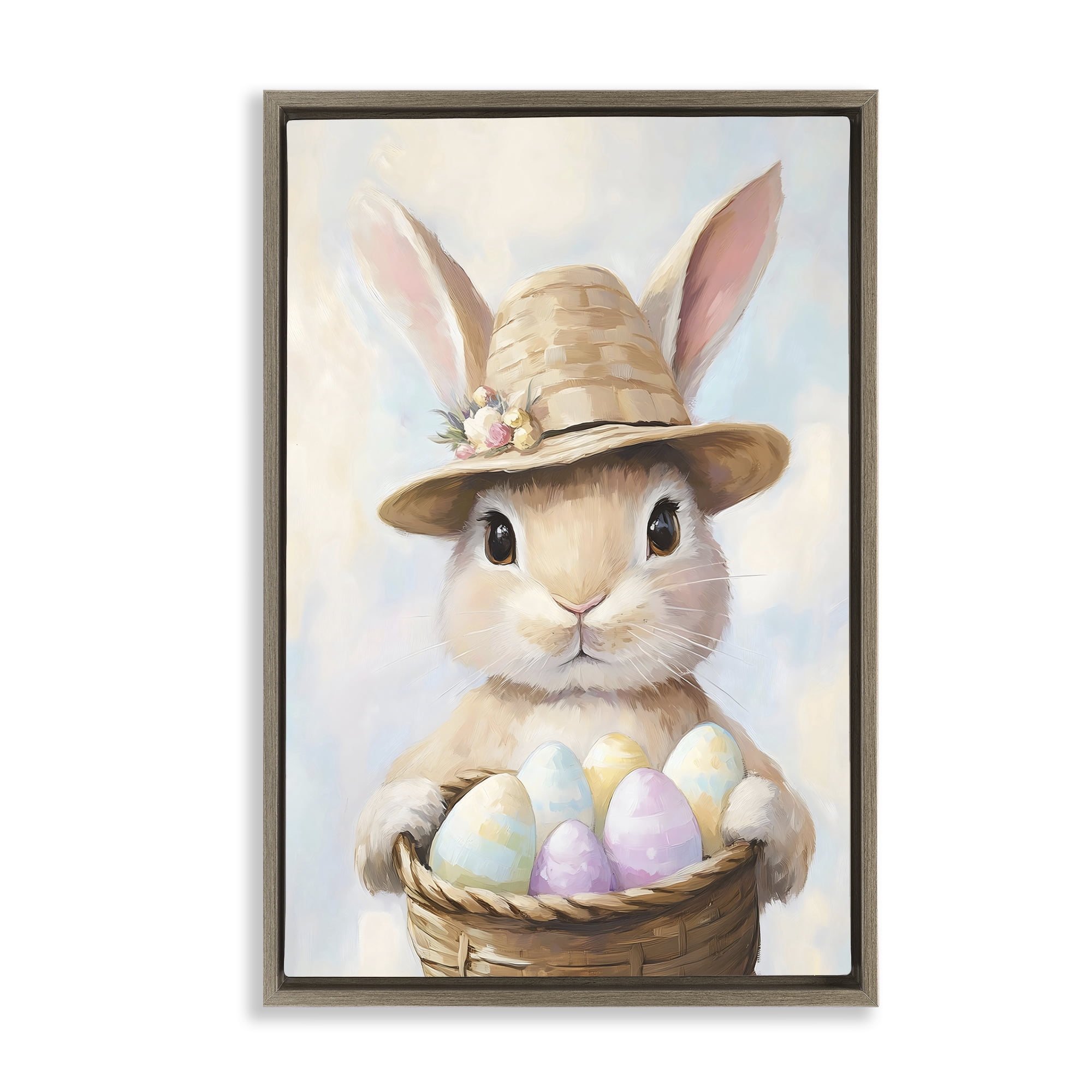 Stupell Industries Bunny with Easter Egg Basket Brown Framed Floater Canvas Wall Art, design by The Prints Vibe