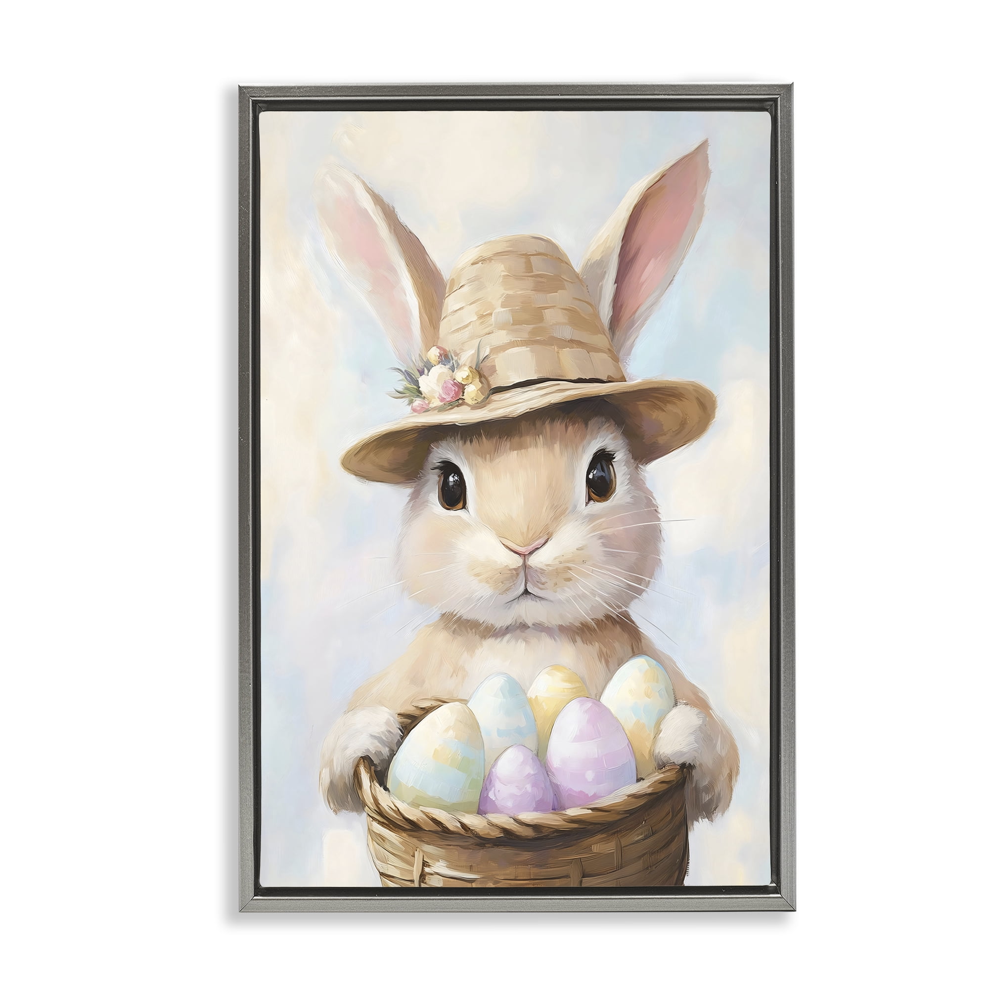 Stupell Industries Bunny with Easter Egg Basket Gray Framed Floater Canvas Wall Art, design by The Prints Vibe