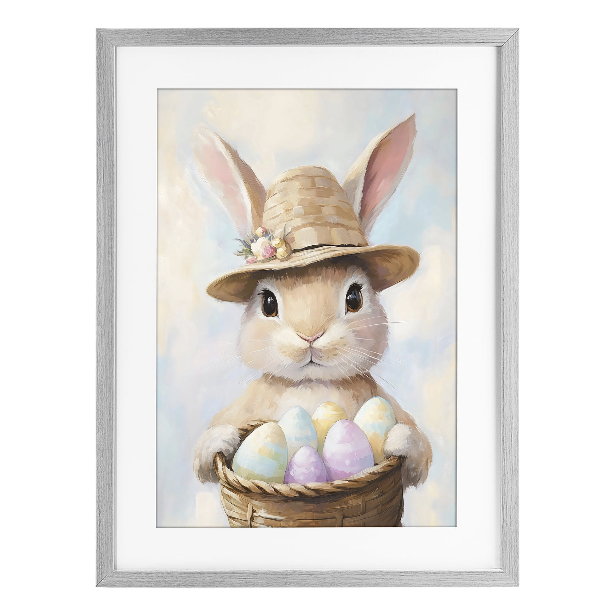 Stupell Industries Bunny with Easter Egg Basket Gray Framed Print Under Glass, design by The Prints Vibe