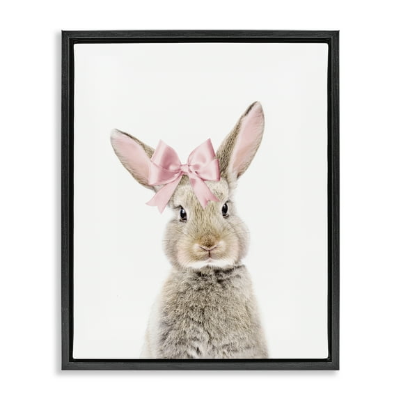 Stupell Industries Bunny with Pink Bow Animals Painting Black Floater Framed Canvas Art Print Wall Art, 17 x 21