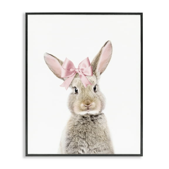 Stupell Industries Bunny with Pink Bow Animals Painting Black Framed Art Print Wall Art, 11 x 14