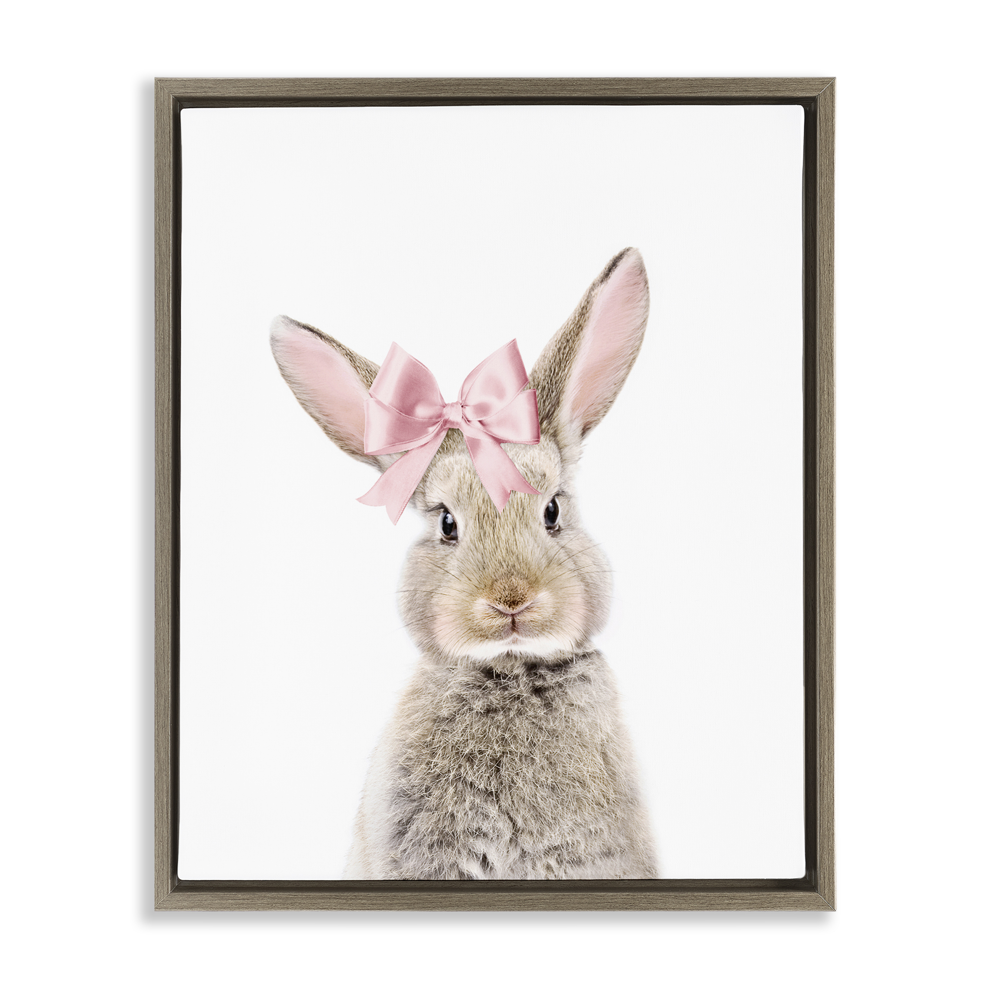 Stupell Industries Bunny with Pink Bow Animals Painting Brown Floater Framed Canvas Art Print Wall Art, 17 x 21