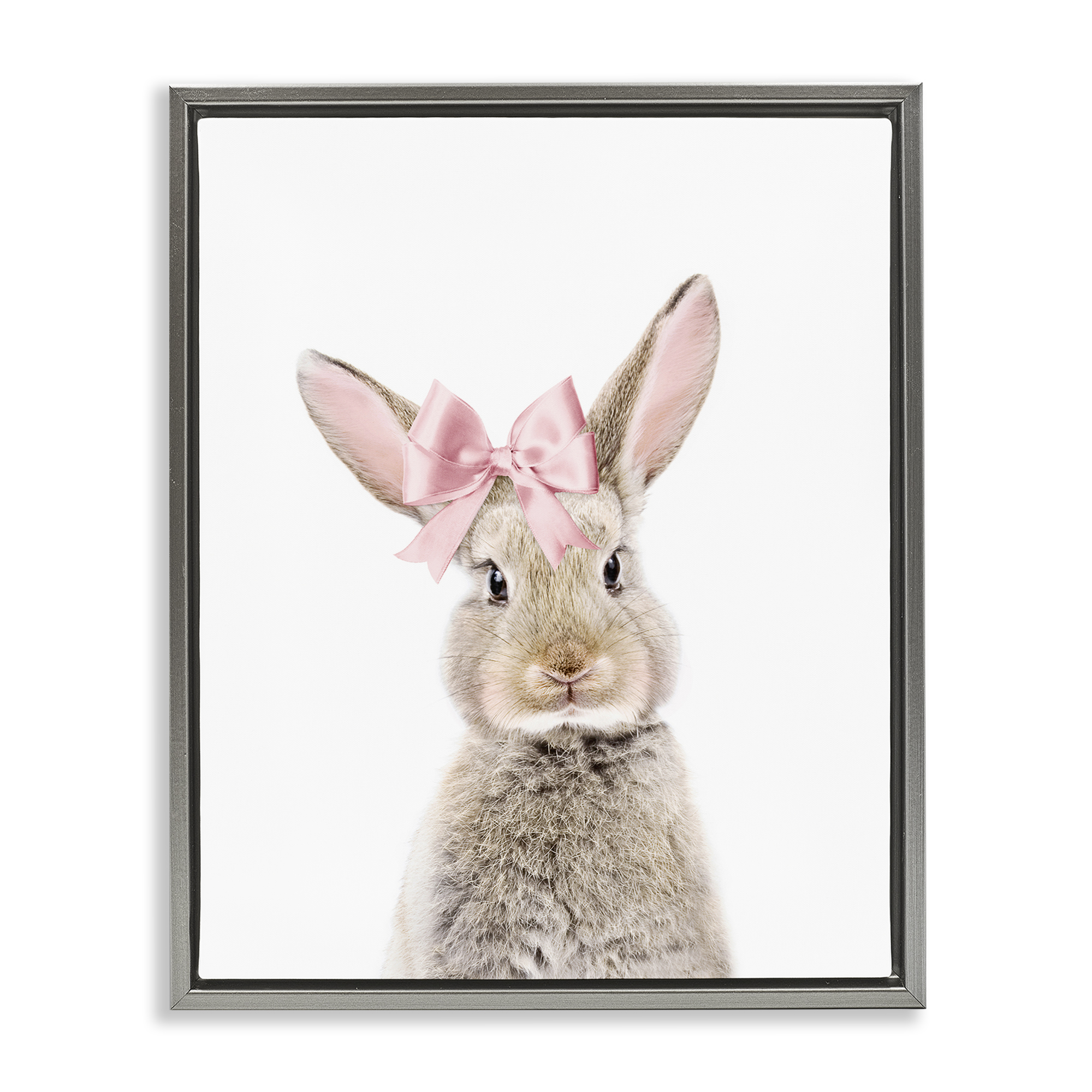 Stupell Industries Bunny with Pink Bow Animals Painting Gray Floater Framed Canvas Art Print Wall Art, 25 x 31