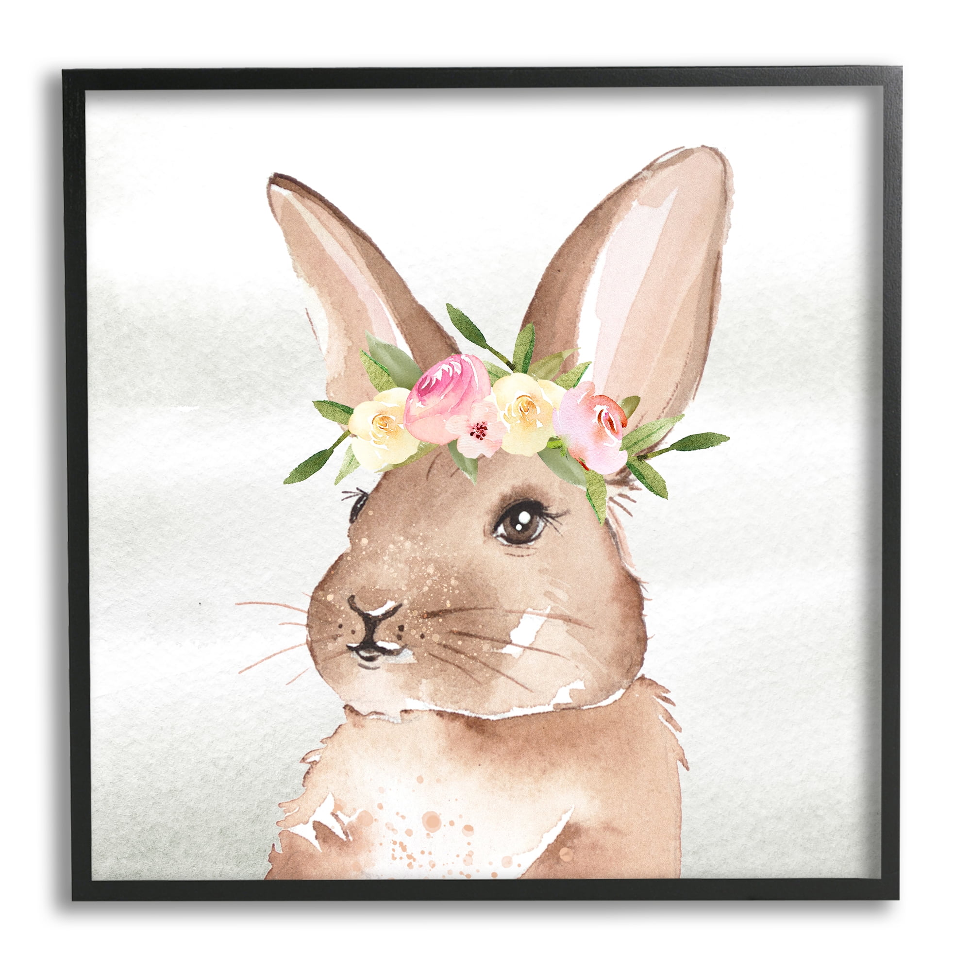 Stupell Industries Bunny with Rose Garland Animals & Insects Painting Black Framed Art Print Wall Art, 12 x 12