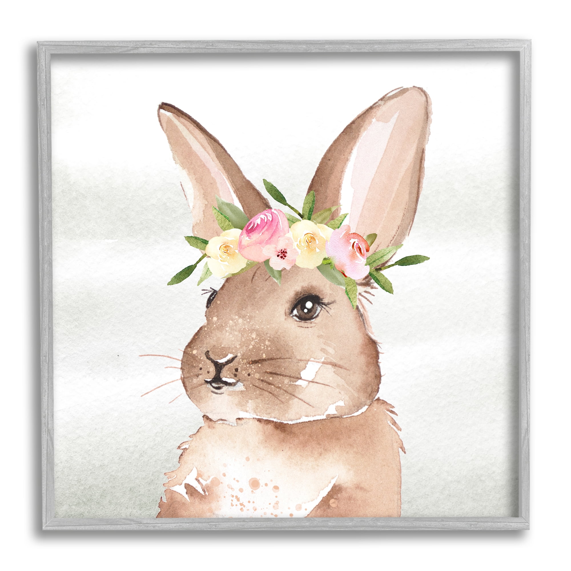 Stupell Industries Bunny with Rose Garland Animals & Insects Painting Gray Framed Art Print Wall Art, 17 x 17
